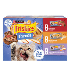 Friskies pack frontal mostrando las 24 latas y variedad de sabores beneficiando almacenamiento