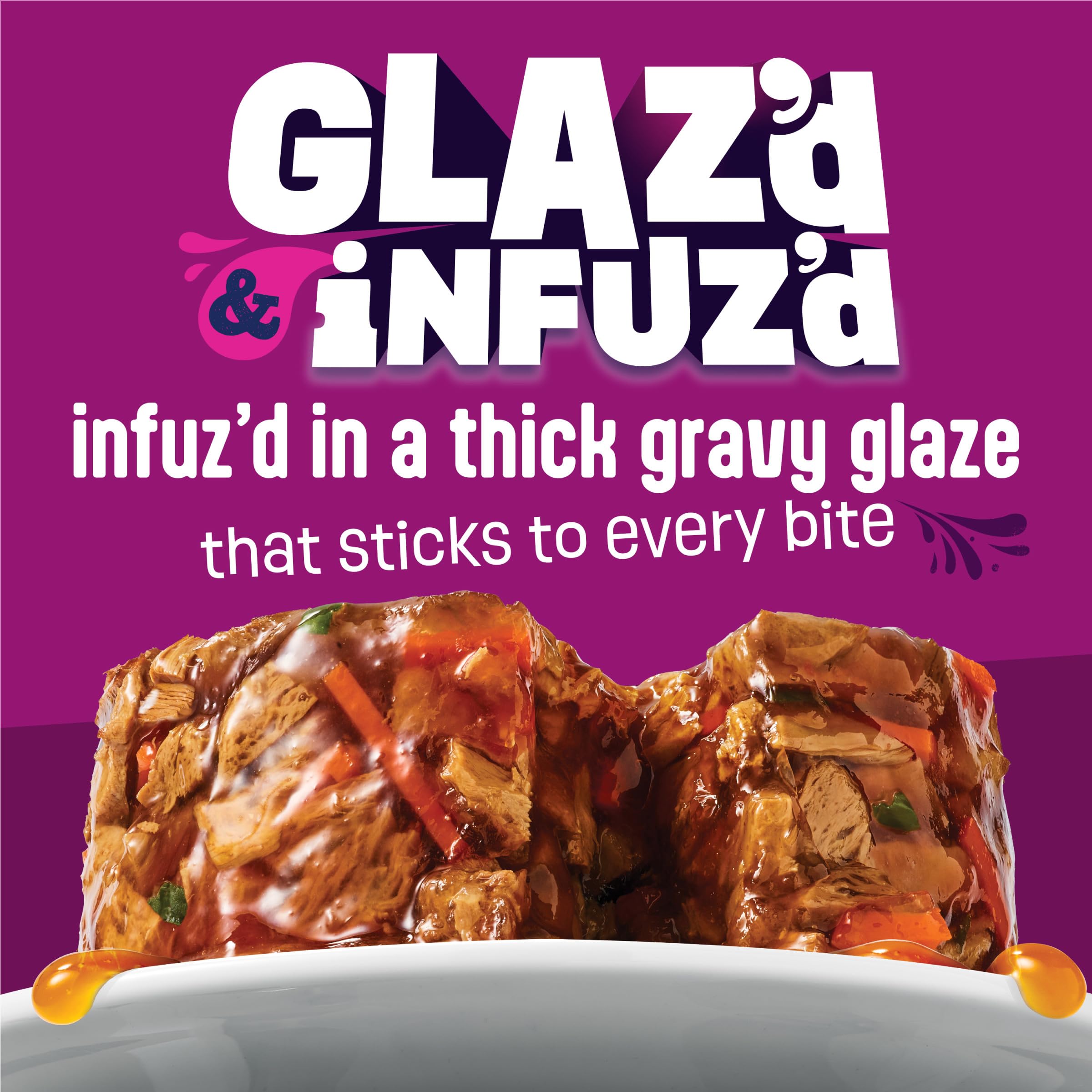 Friskies trozos gruesos con glaze resaltando textura apetecible