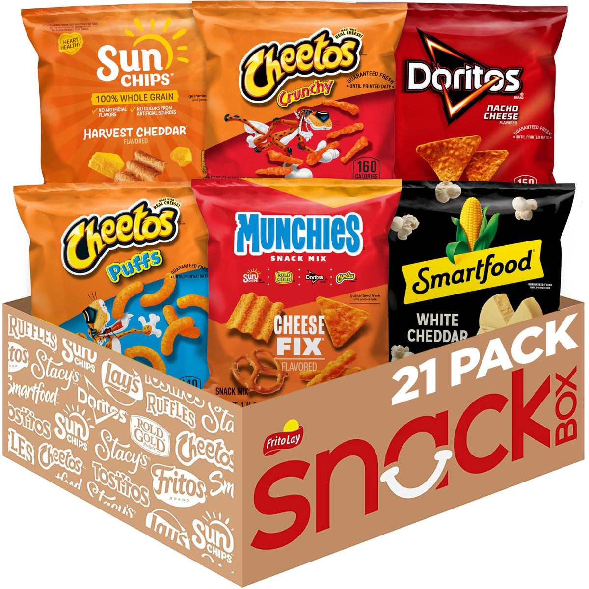 Frito-Lay pack frontal mostrando 21 porciones variadas y atractivo visual