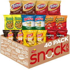 Frito Lay frontal del empaque Party Mix con 40 bolsas, muestra variedad y conveniencia.
