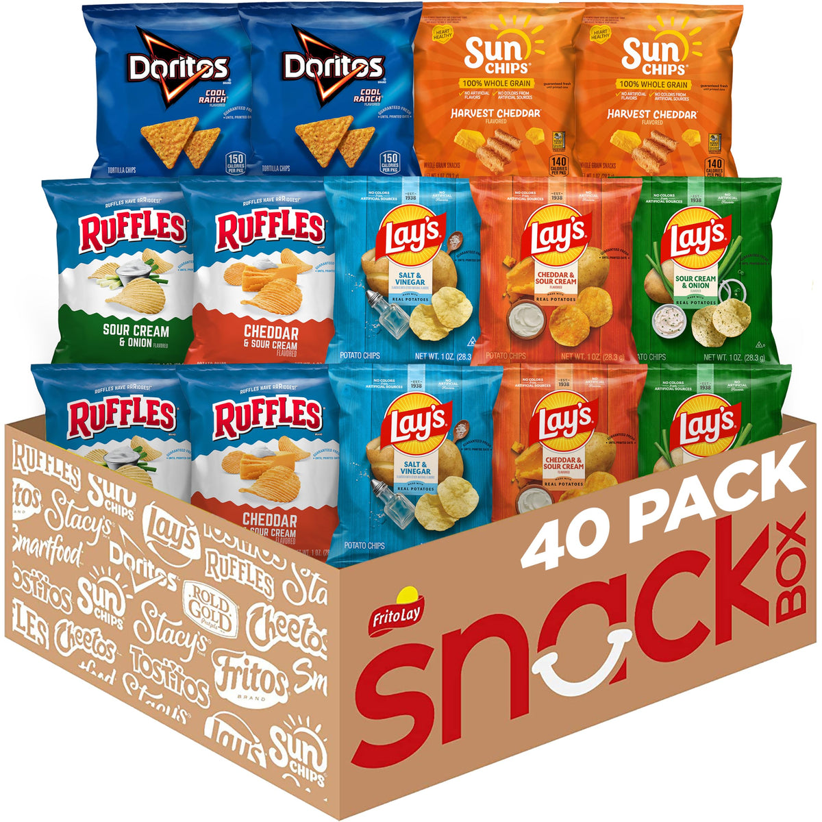 Frito-Lay frente del empaque mostrando 40 bolsas, conveniencia para compartir