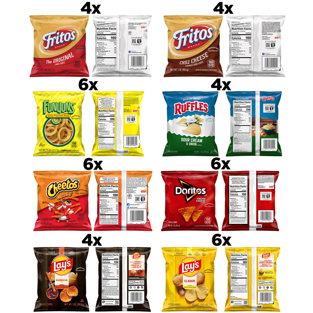 Frito Lay variedad de bolsas dispersas mostrando colores y selección para eventos.