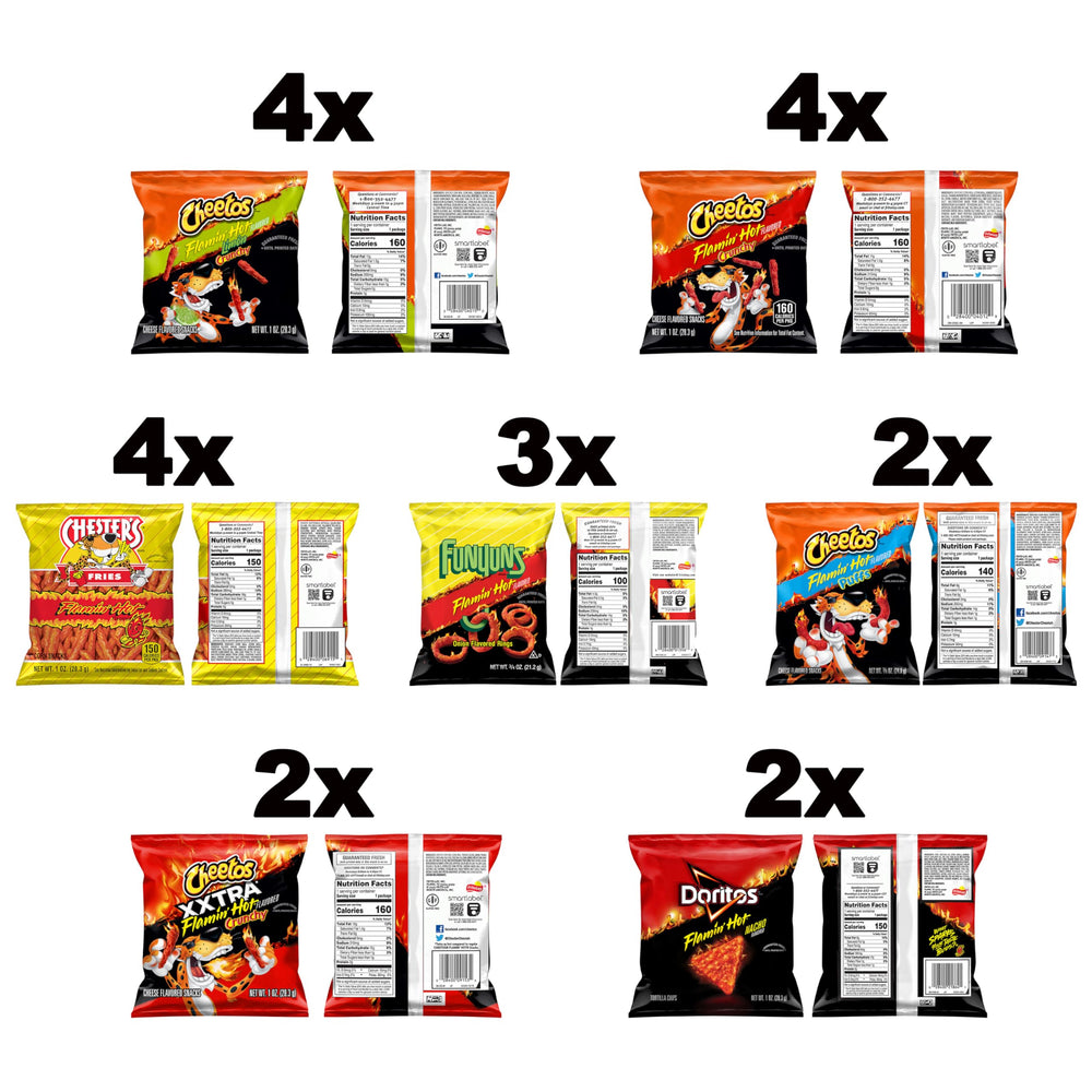 Frito Lay primer plano de varias bolsas Flamin' Hot mostrando texturas y variedad