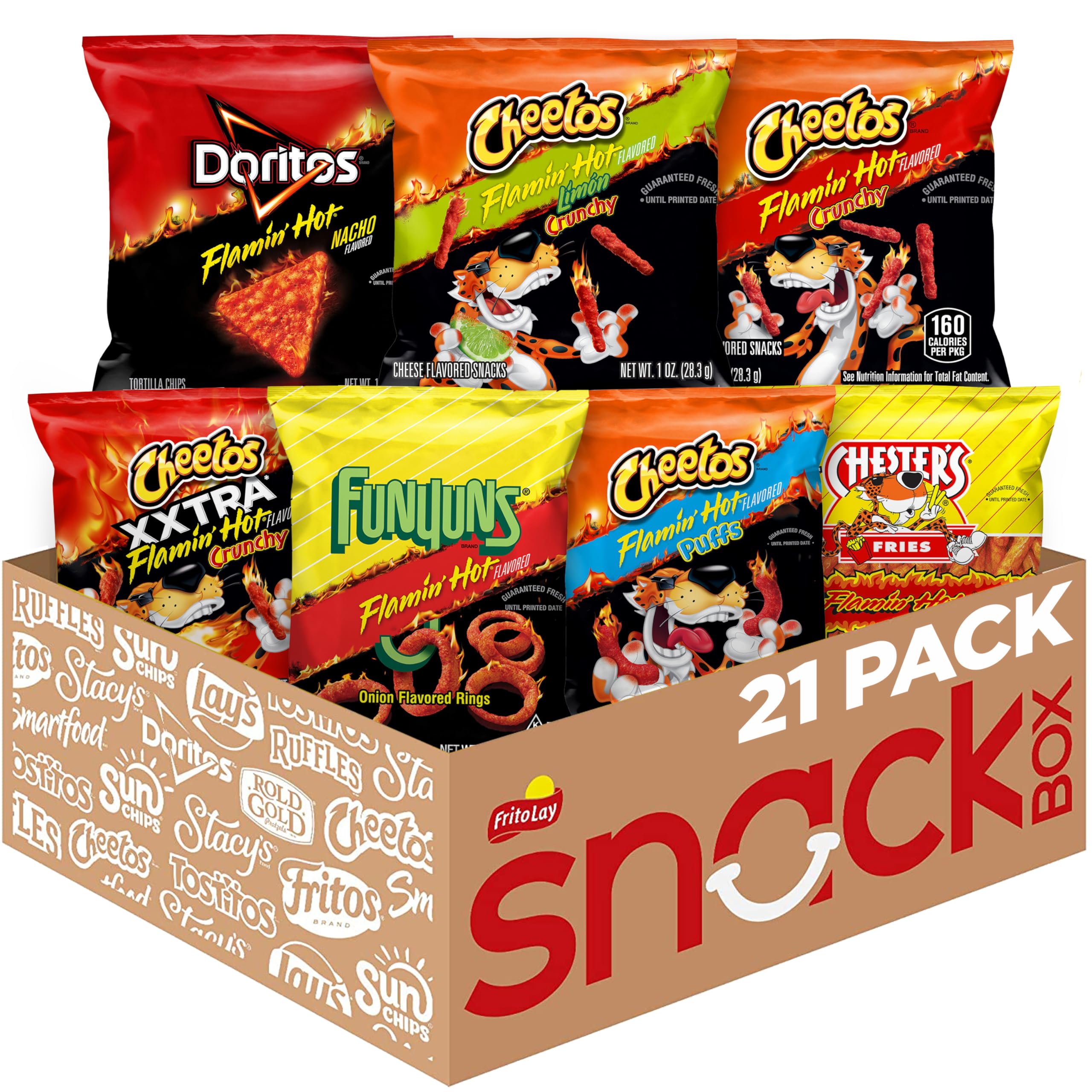 Frito Lay paquete frontal mostrando 21 bolsitas Flamin' Hot, ideal para compartir