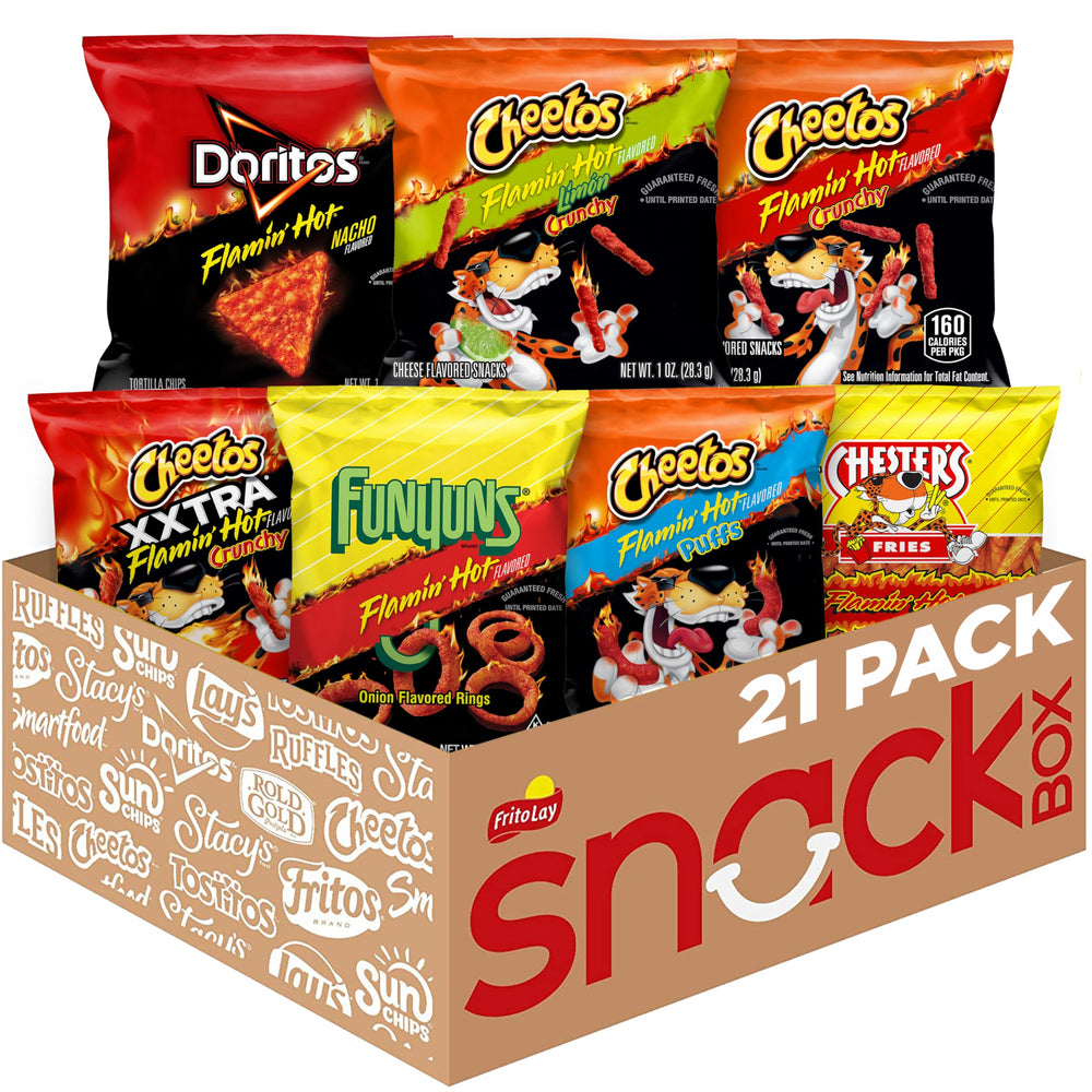 Frito Lay paquete frontal mostrando 21 bolsitas Flamin' Hot, ideal para compartir