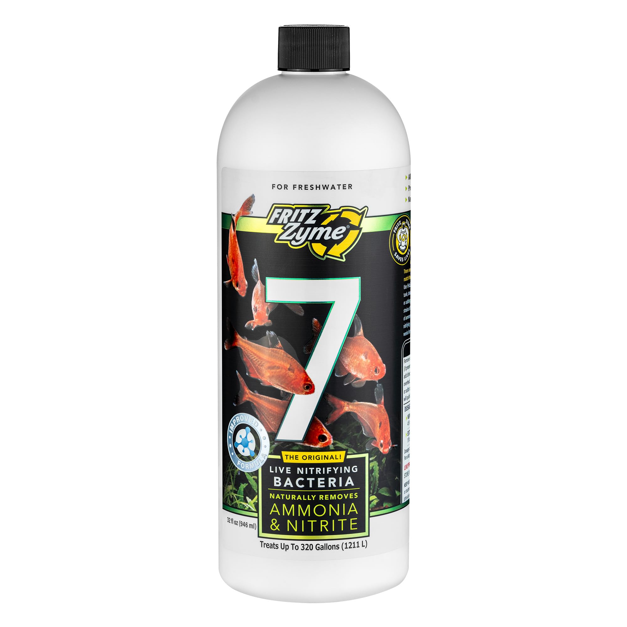 Fritz Aquatics envase frontal mostrando FritzZyme 7 y beneficio de inocular bacterias