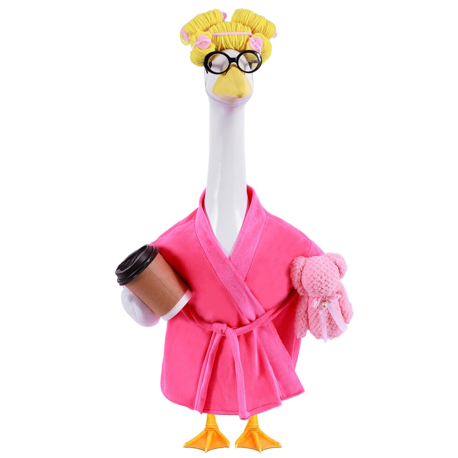 Froklic bata frontal rosa sobre estatua de ganso, añade calidez decorativa