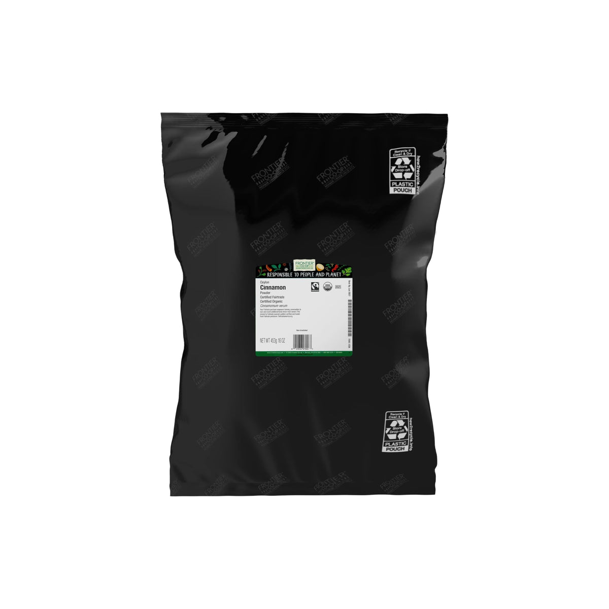 Frontier Co-op bolsa frontal de 16 oz mostrando la canela a granel y conveniencia
