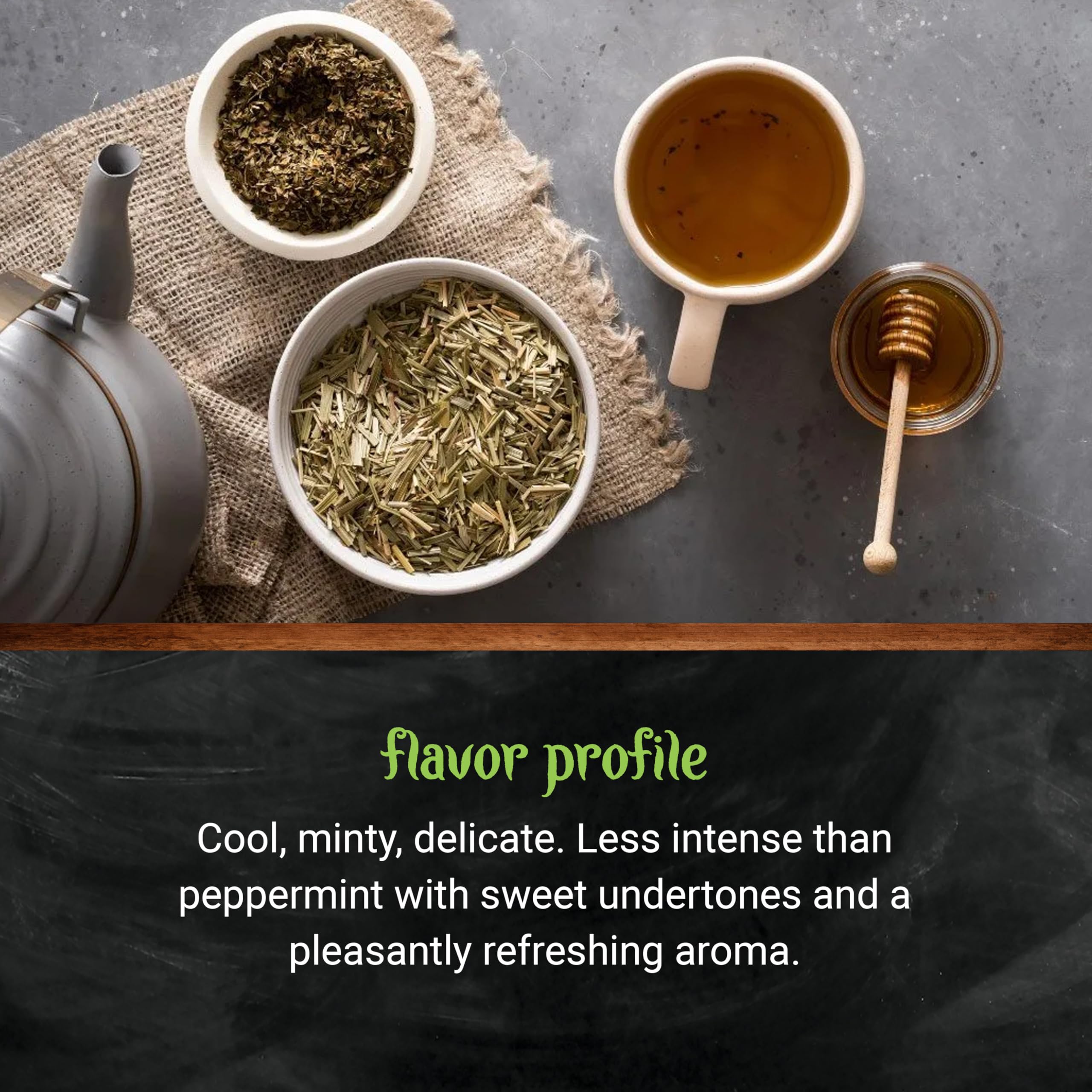 Frontier Co-op hojas infusionándose en taza de té para una bebida fresca
