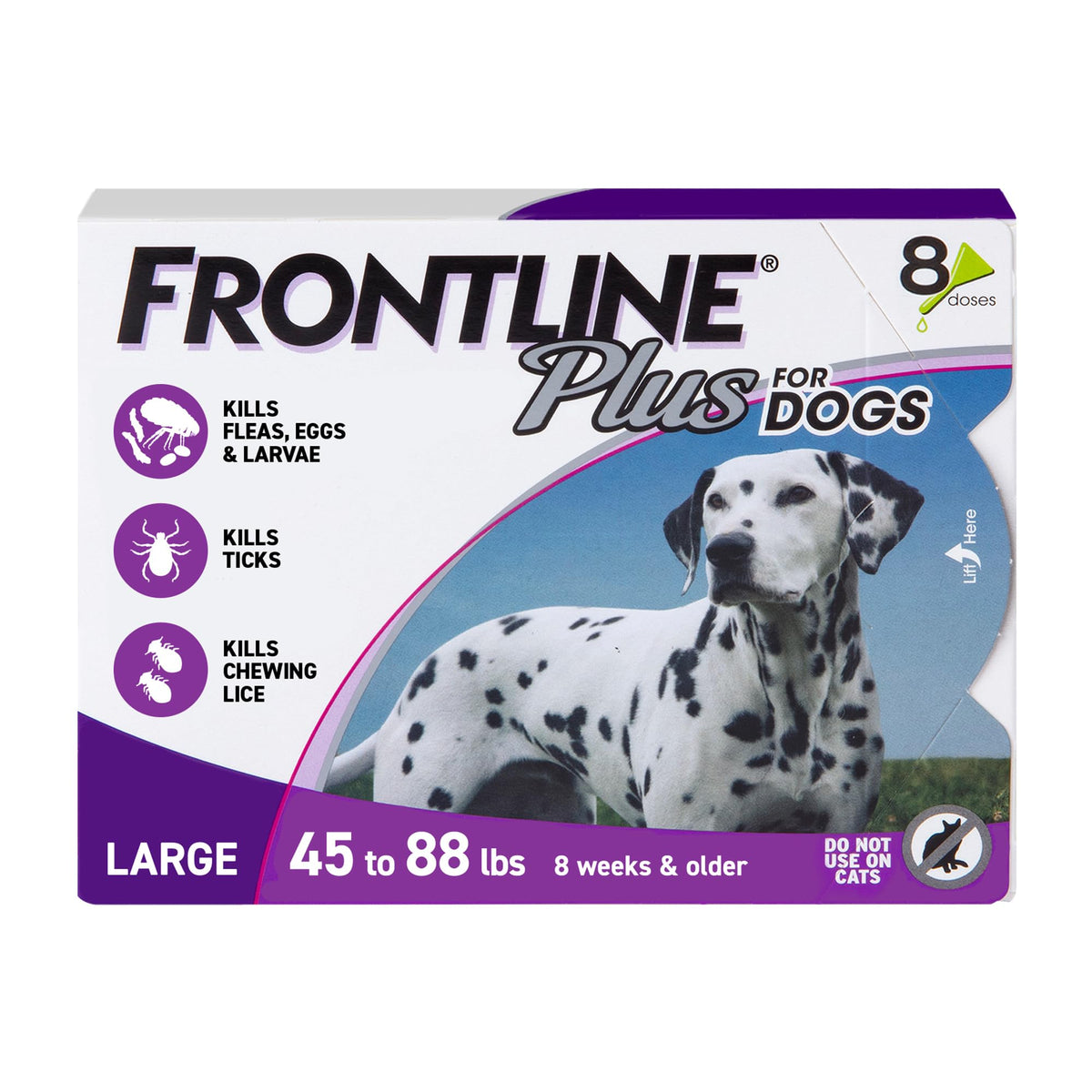 Frontline mostrando el empaque morado y protección mensual para perros grandes