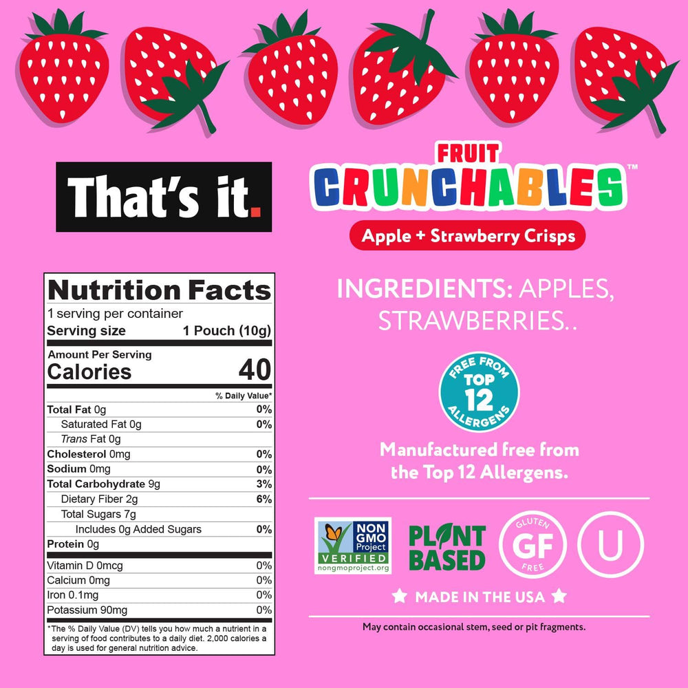 Fruit Crunchables primer plano de fresa y manzana destacando sabor natural y color real