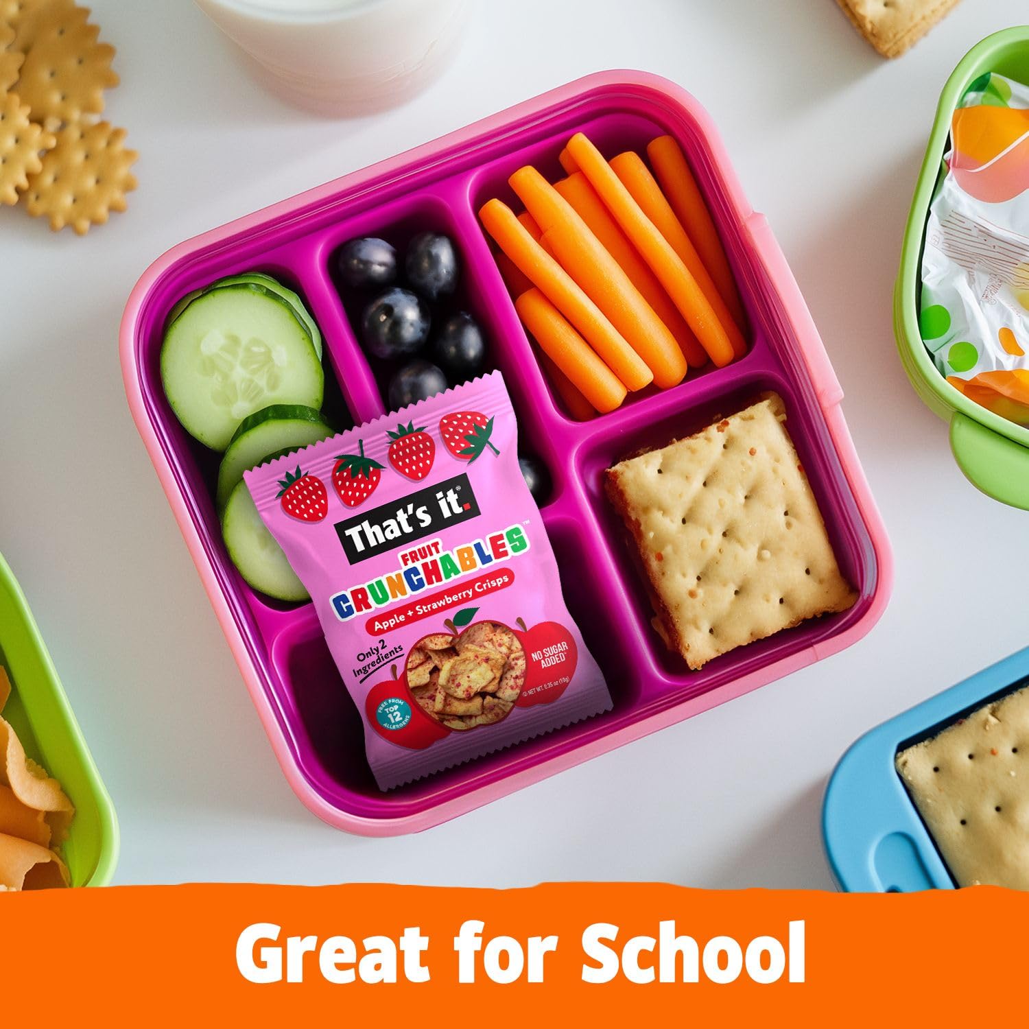 Fruit Crunchables dentro de una lonchera escolar demostrando comodidad y seguridad para niños