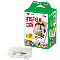 Fujifilm INSTAX Mini pack frontal mostrando caja y 20 hojas para impresiones inmediatas