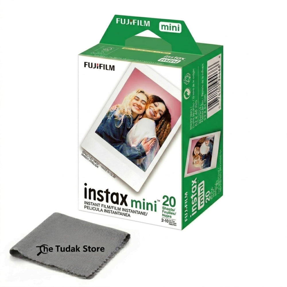 Fujifilm embalaje frontal mostrando las 20 hojas y el paño Tudak, conveniencia inmediata