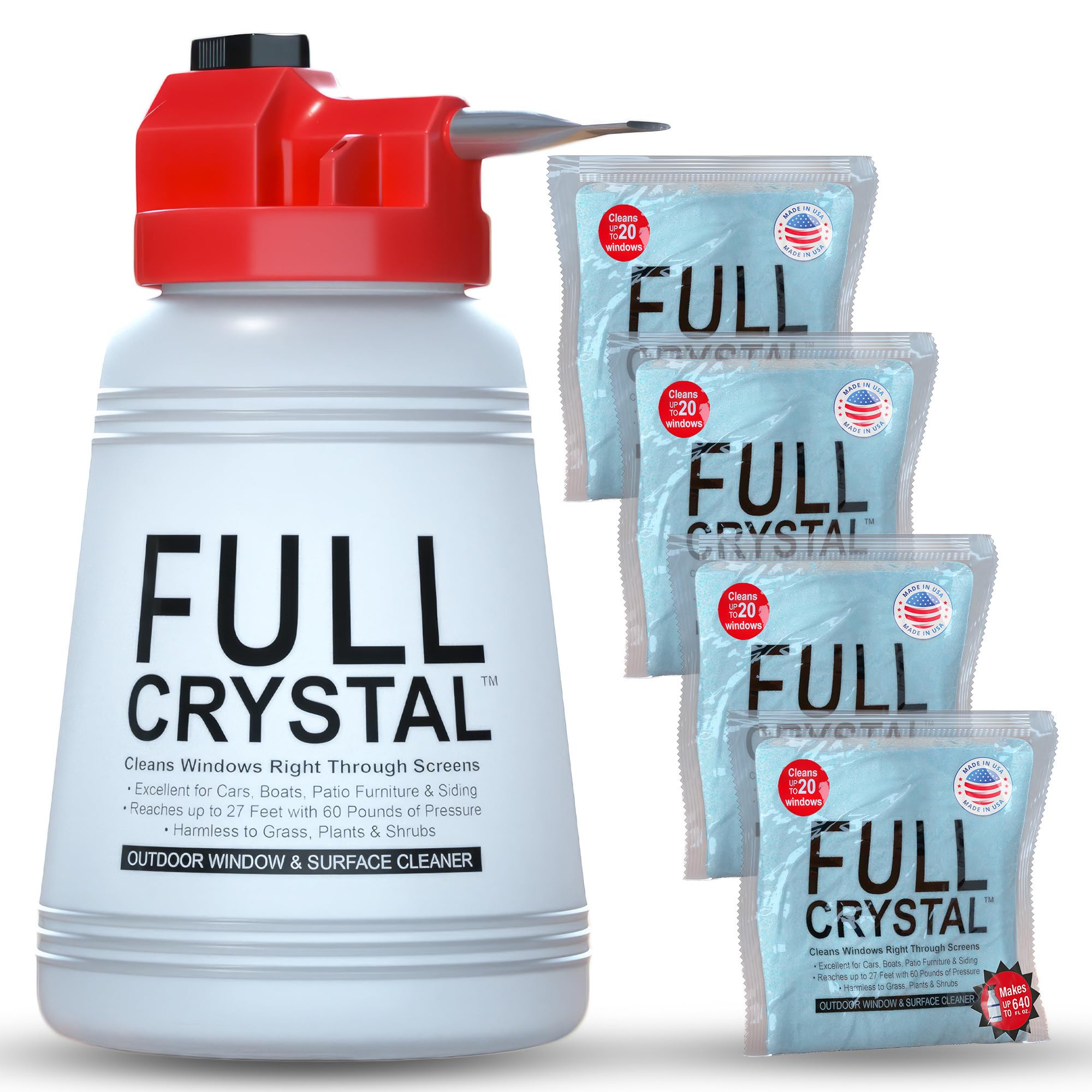 Full Crystal botella y polvo en primer plano con presentación clara y beneficios de rendimiento