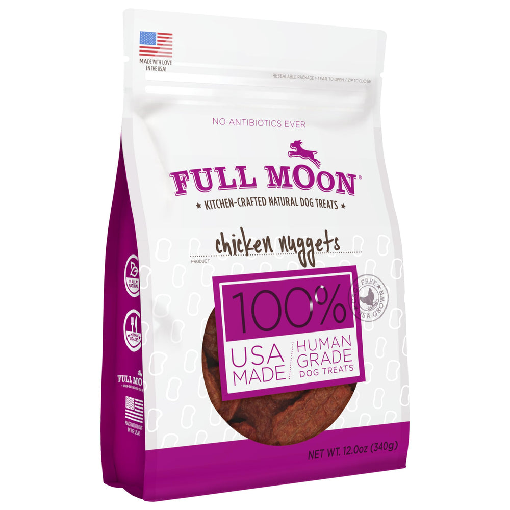 Full Moon empaque frontal de Chicken Nuggets mostrando limpieza y confianza
