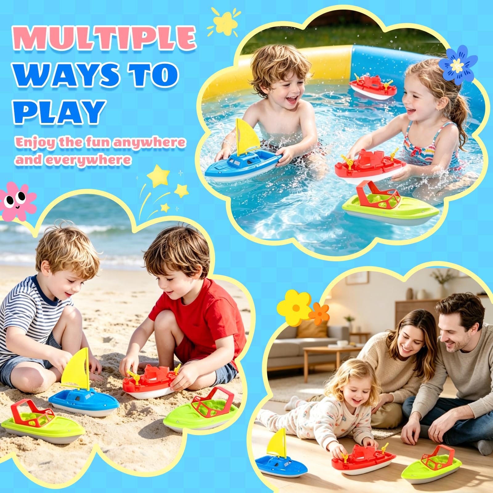 FUN LITTLE TOYS toy boats racing in a pool demonstrating cooperative outdoor fun