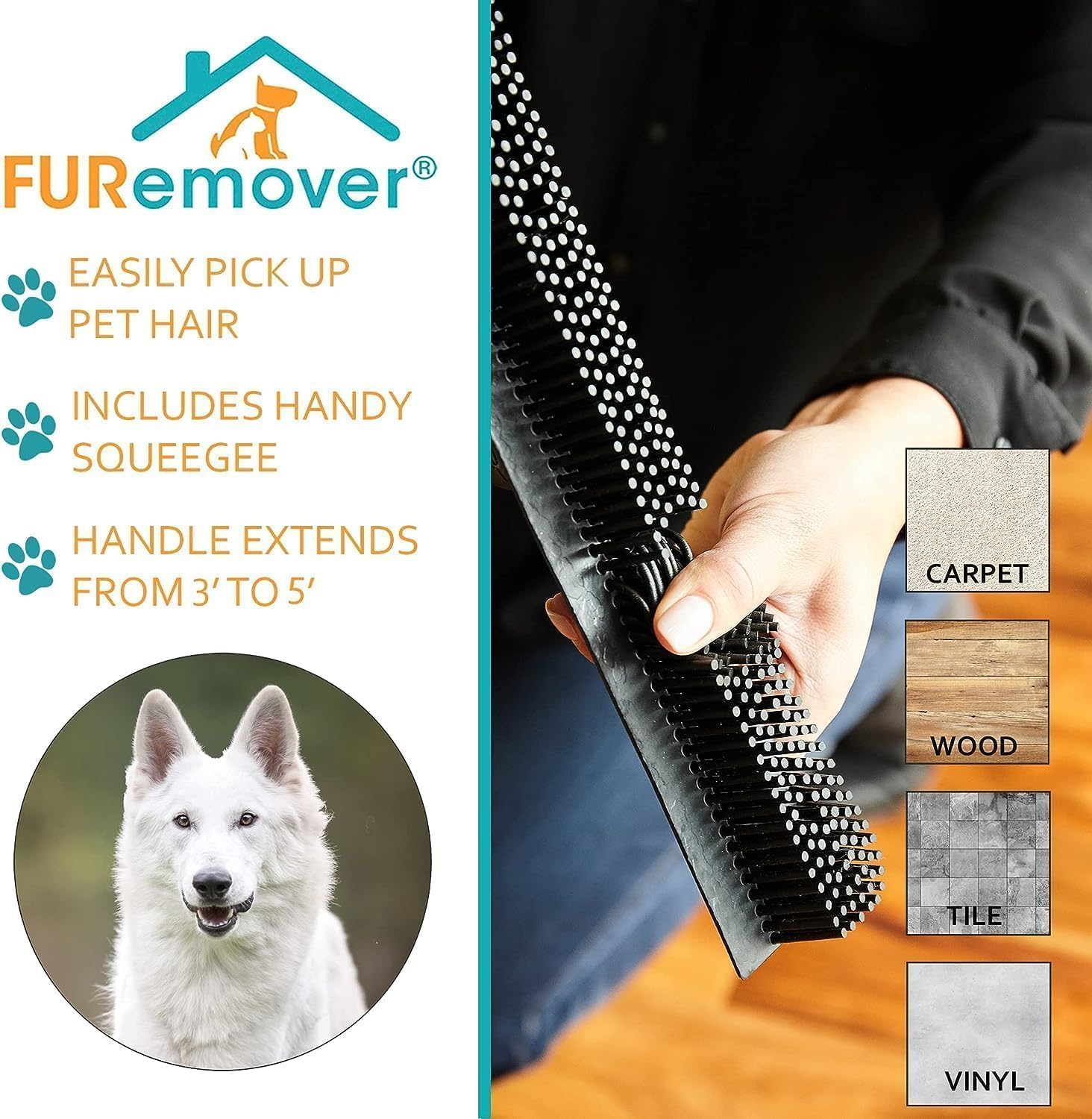 FURemover closeup of rubber bristles highlighting hair attraction and gentle floor protection