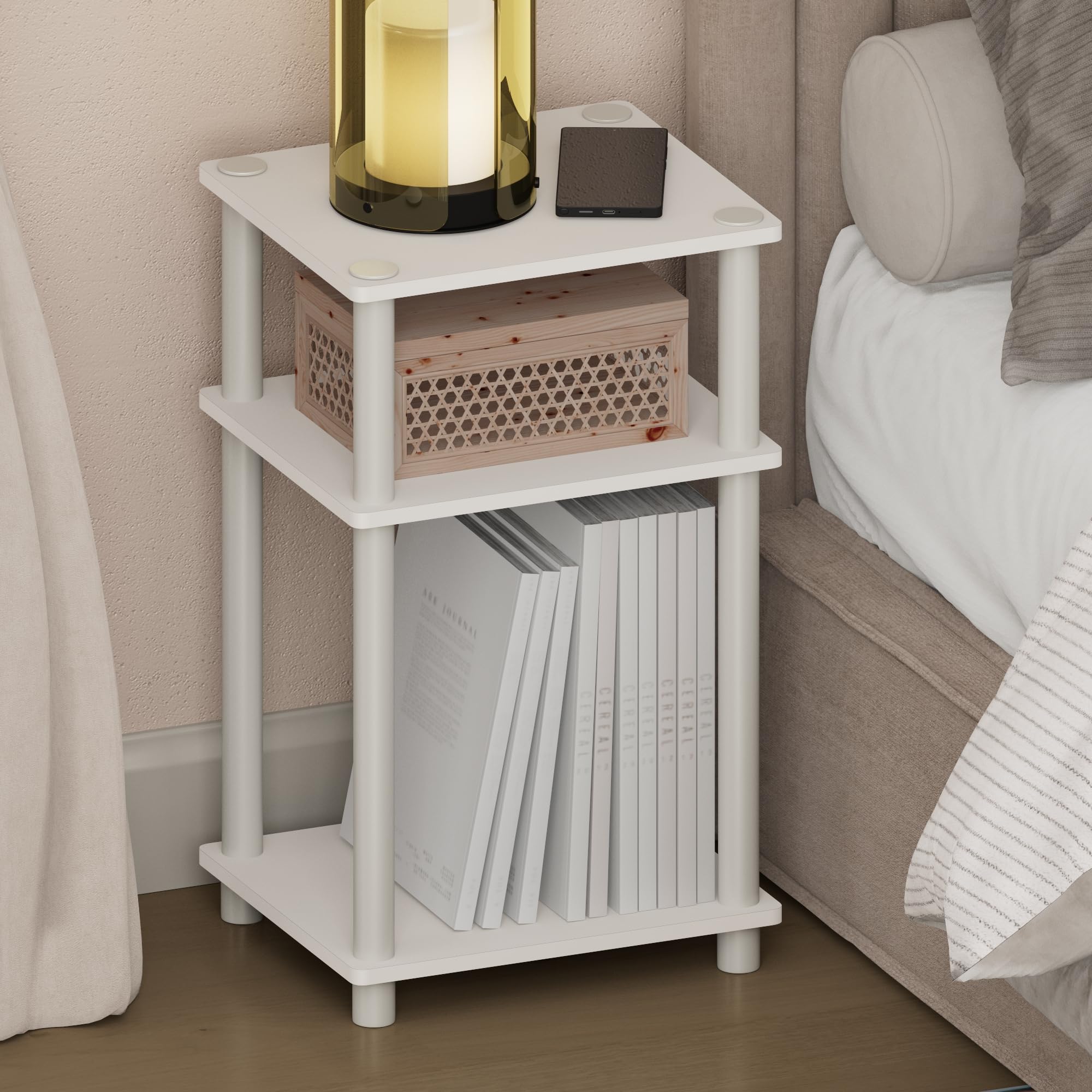 Furinno mesita frente blanco mostrando diseño compacto y almacenamiento