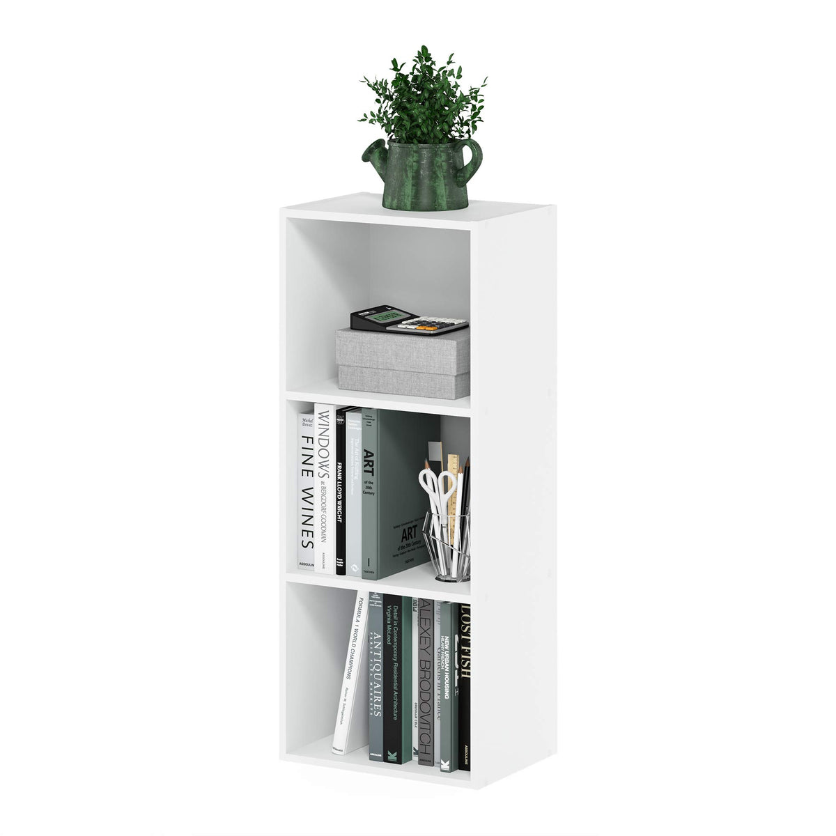 Furinno LUDER front view showing neat three-cube storage and compact footprint