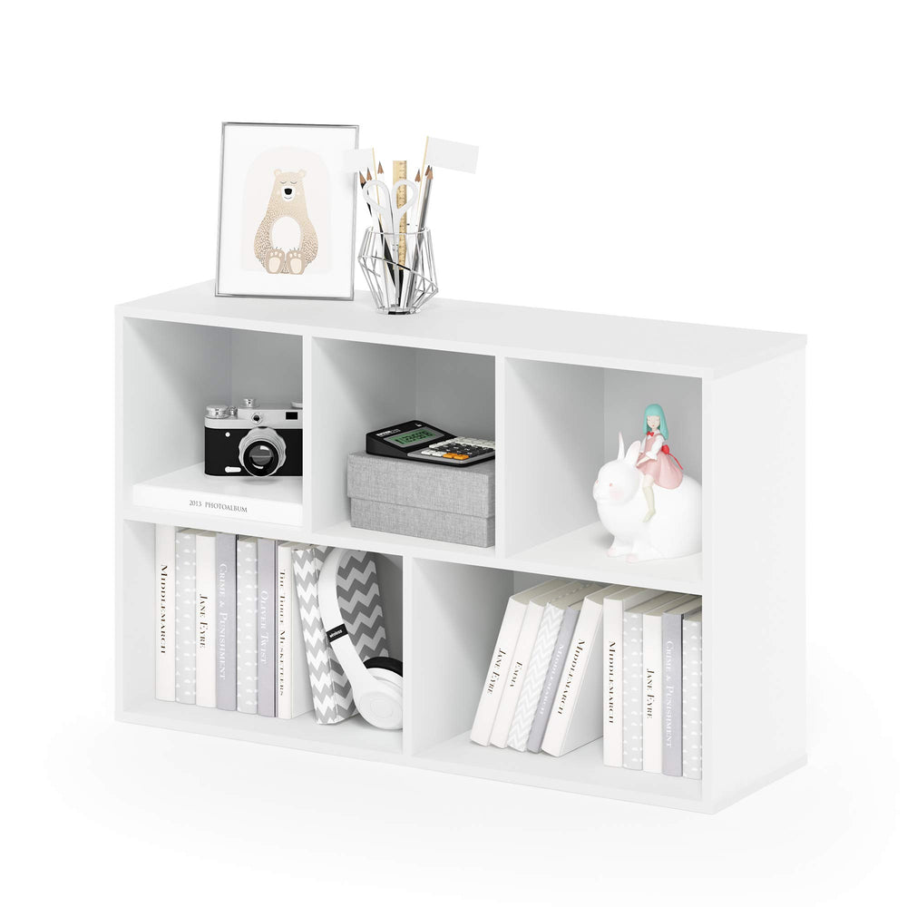 Furinno estantería frontal mostrando 5 cubos y ahorro de espacio