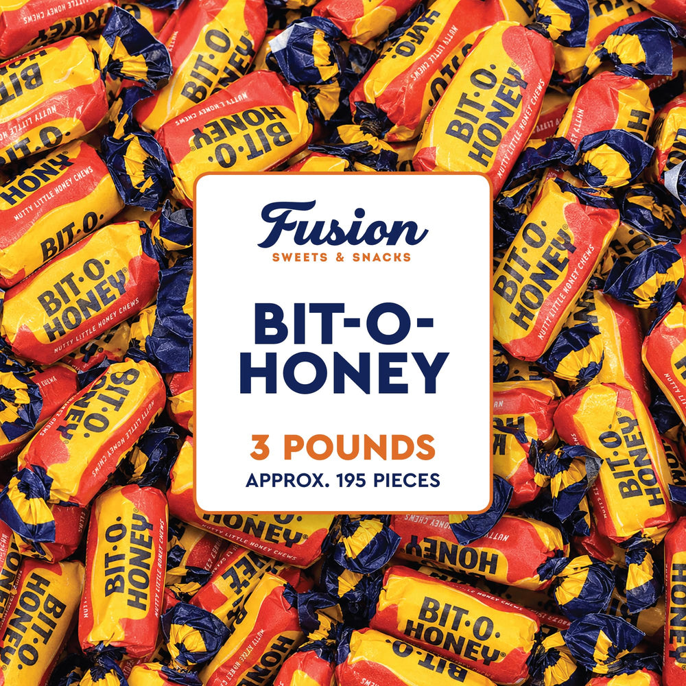 Fusion Sweets And Snacks empaque frontal mostrando la bolsa de 3 libras y conveniencia