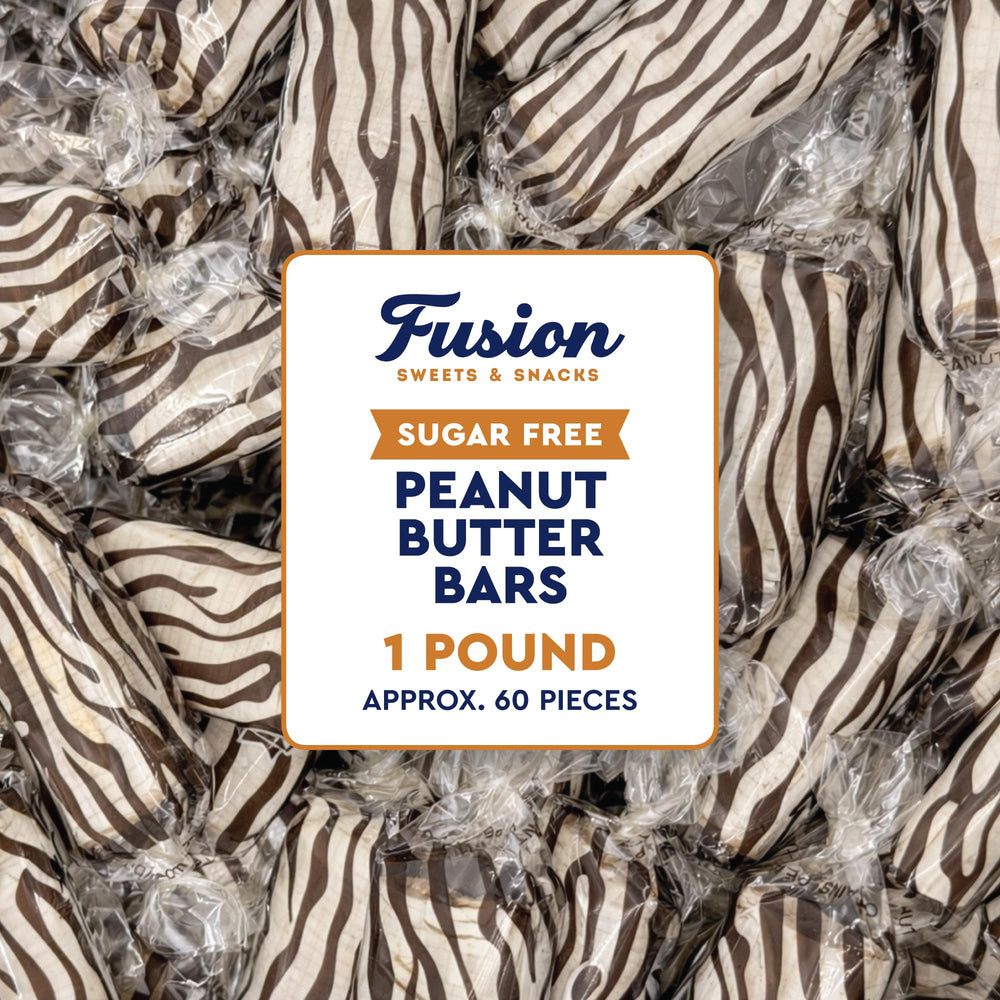 Fusion Sweets frontal de la bolsa de 1 libra mostrando barras envueltas y beneficios