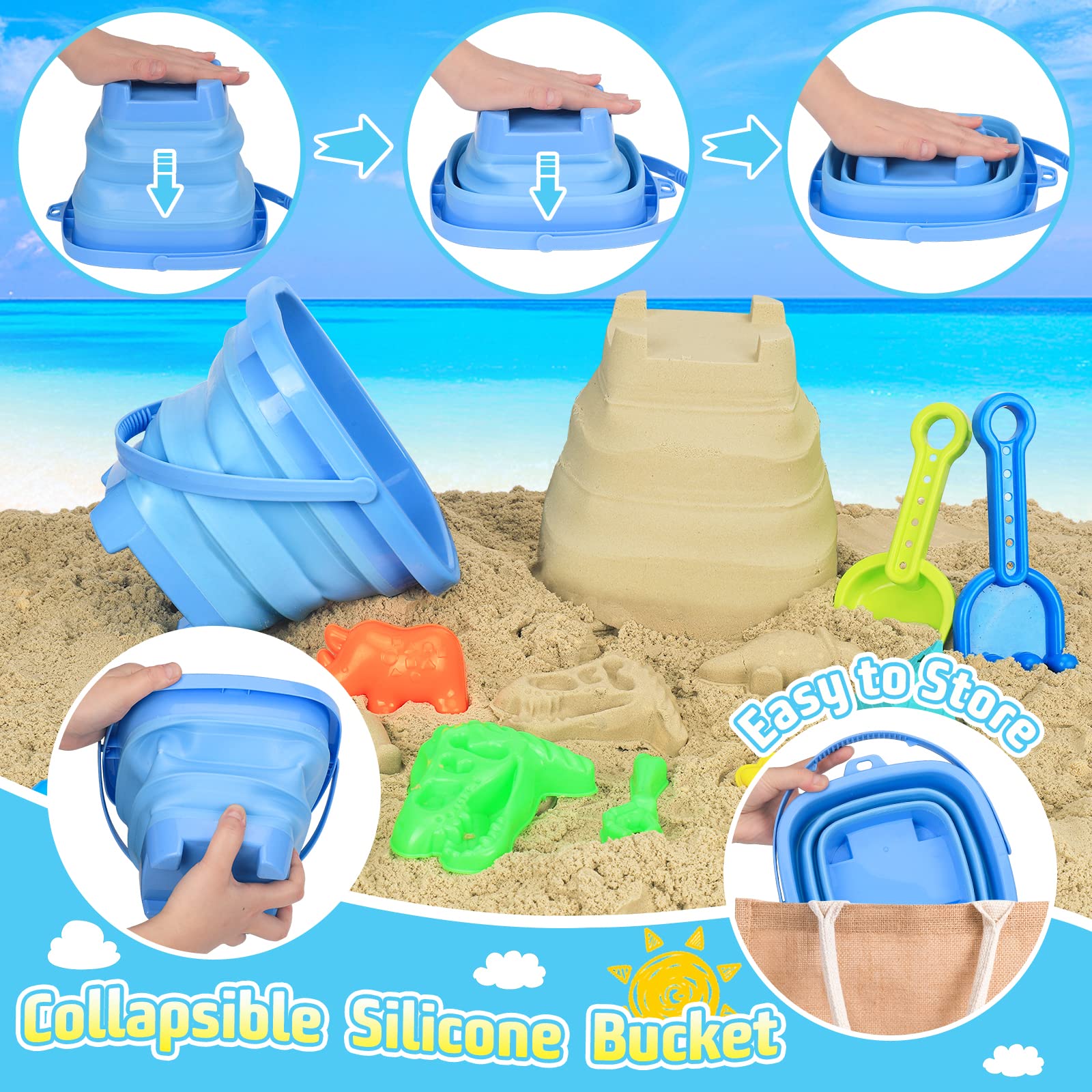 FUSPWEAO detalle del cubo plegable de silicona, ahorro de espacio y durabilidad demostrada