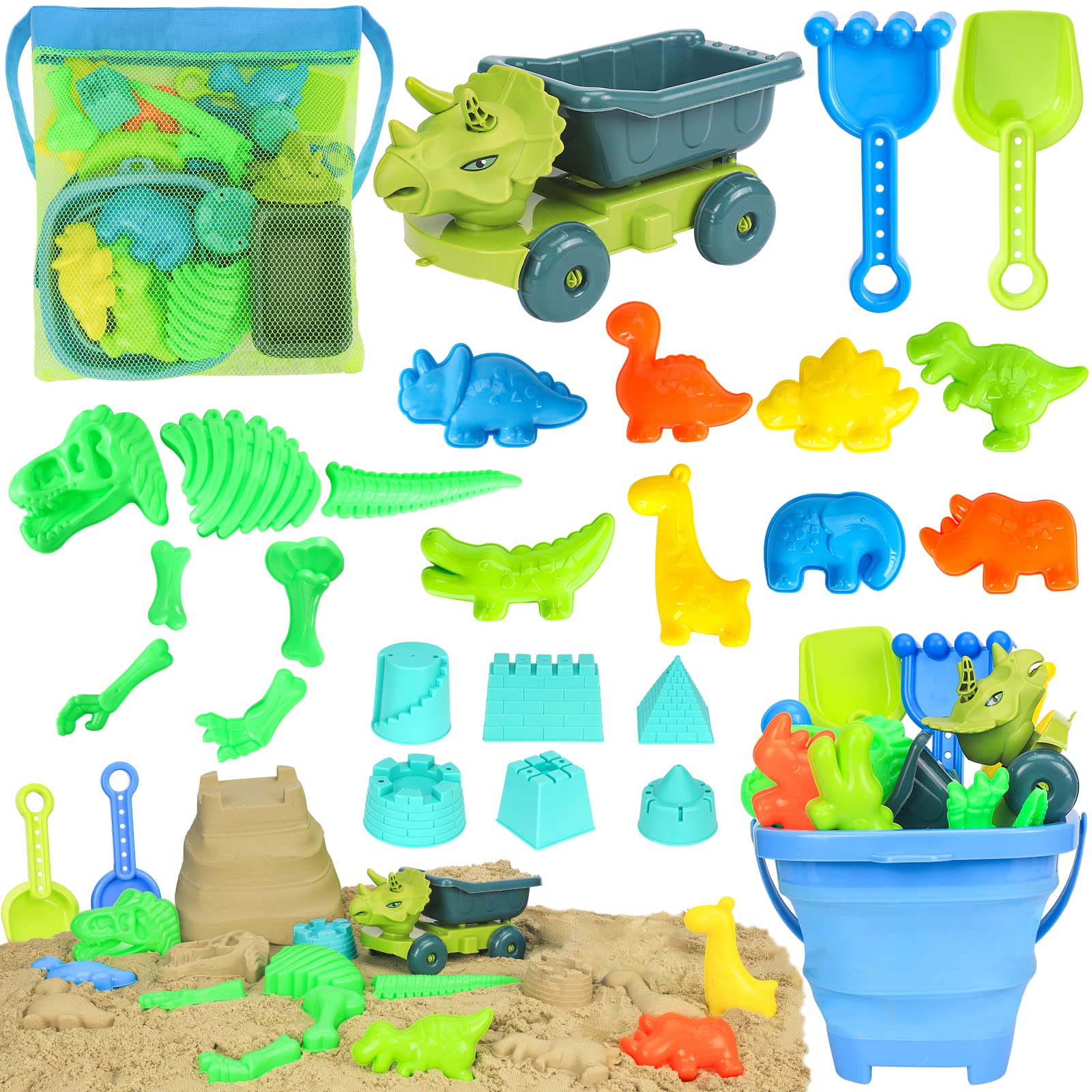 FUSPWEAO vista frontal del paquete con todos los juguetes para playa, promoción de juego creativo
