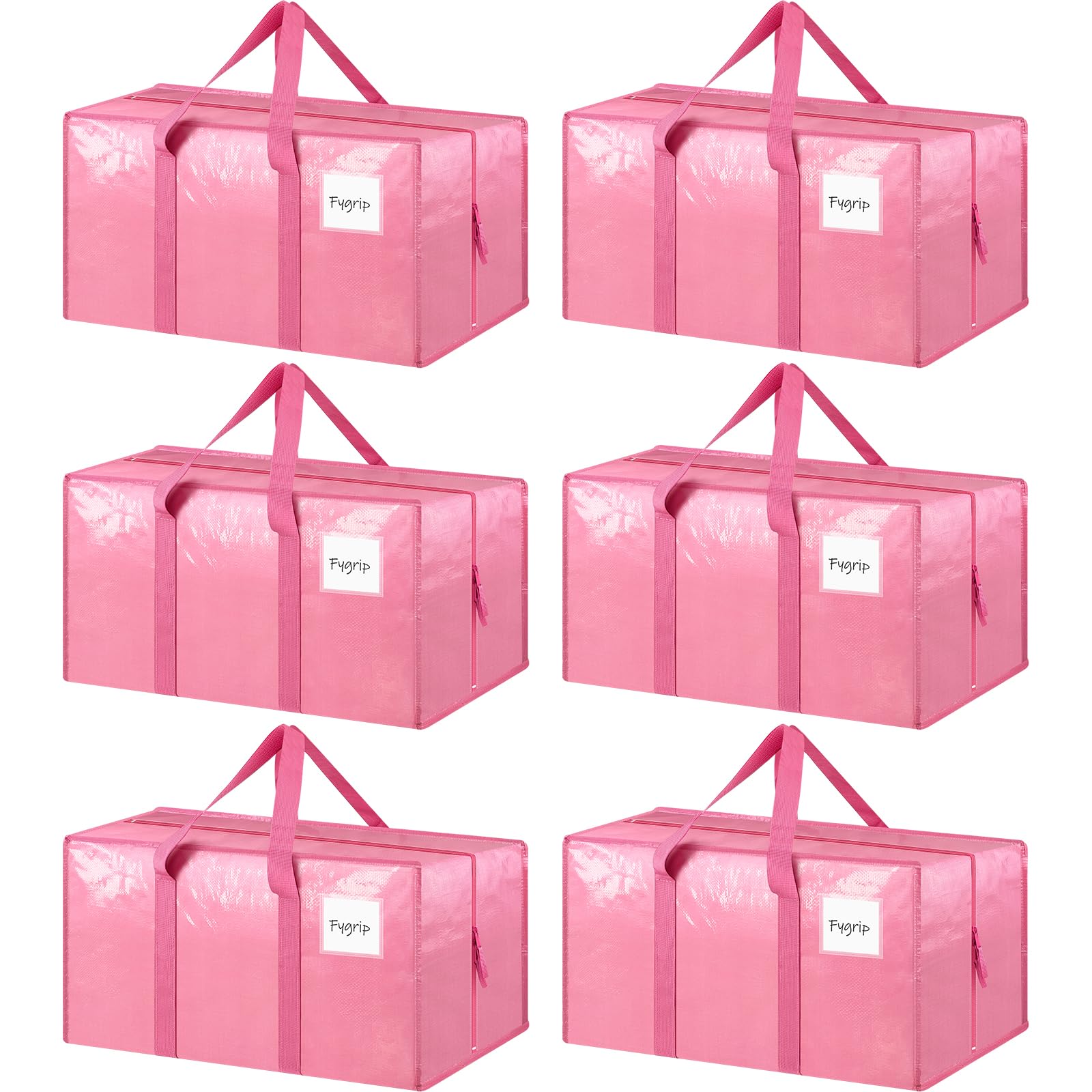 FYGRIP frente del paquete de 6 bolsas rosas mostrando tamaño y cierre, facilita mudanzas
