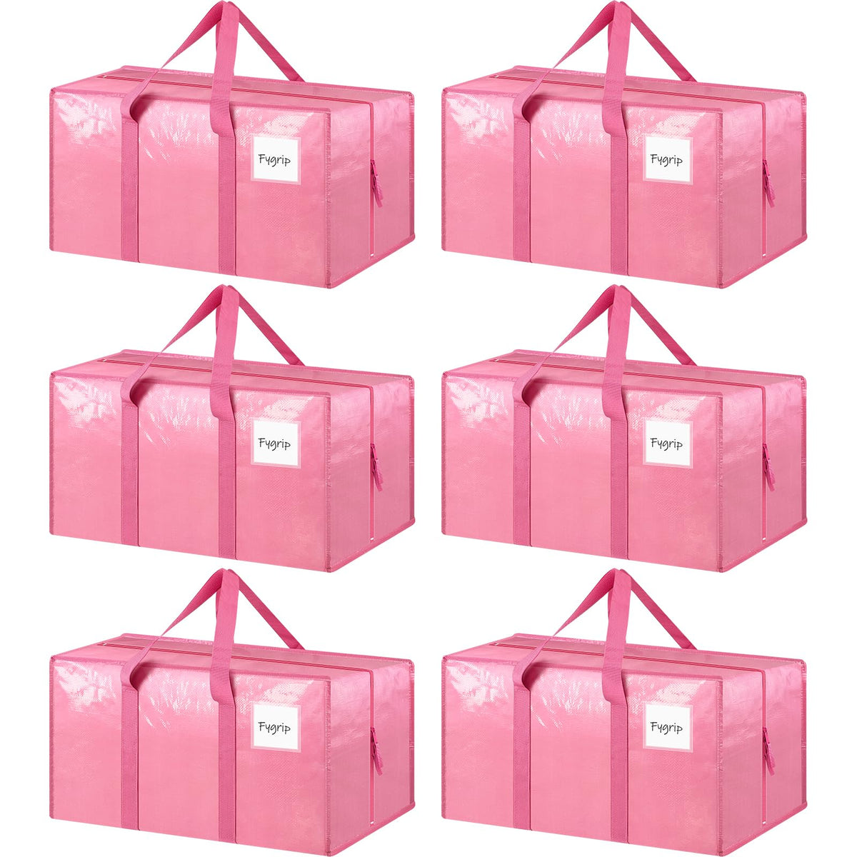 FYGRIP frente del paquete de 6 bolsas rosas mostrando tamaño y cierre, facilita mudanzas