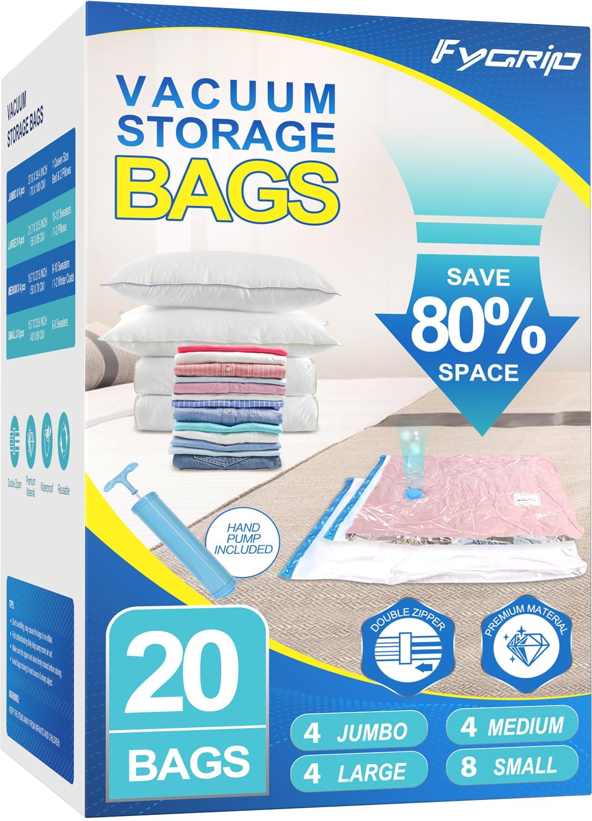 FYGRIP pack frontal mostrando las 20 bolsas para ahorrar espacio