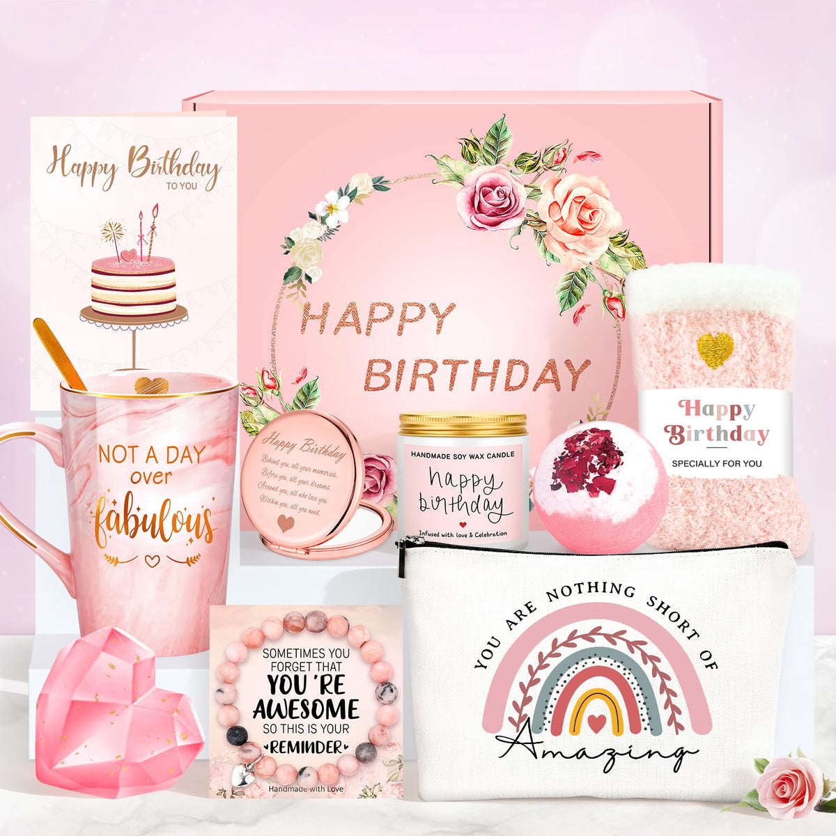Gagalico caja frontal lista para regalar con diseño rosa y dorado, elegante presentación