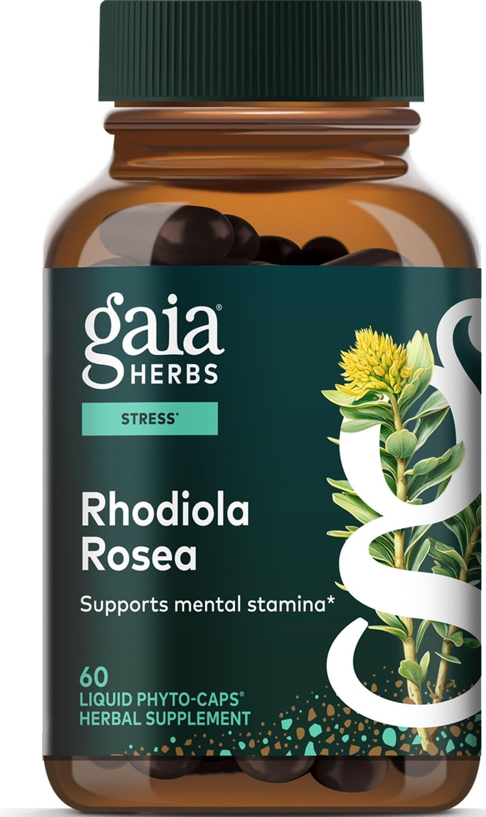 Gaia Herbs envase frontal Rhodiola para confianza en suplementación