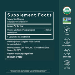 Gaia Herbs cápsulas de Maca Root en primer plano, fácil de tragar