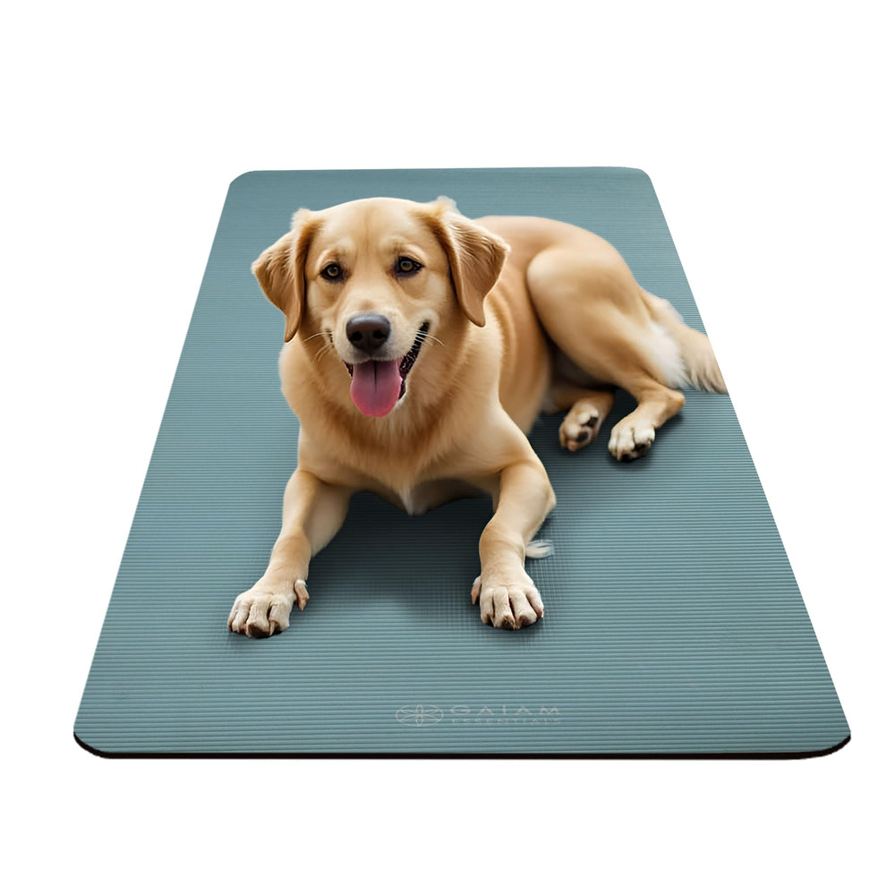 Gaiam mat beside a chair to illustrate scale and portability