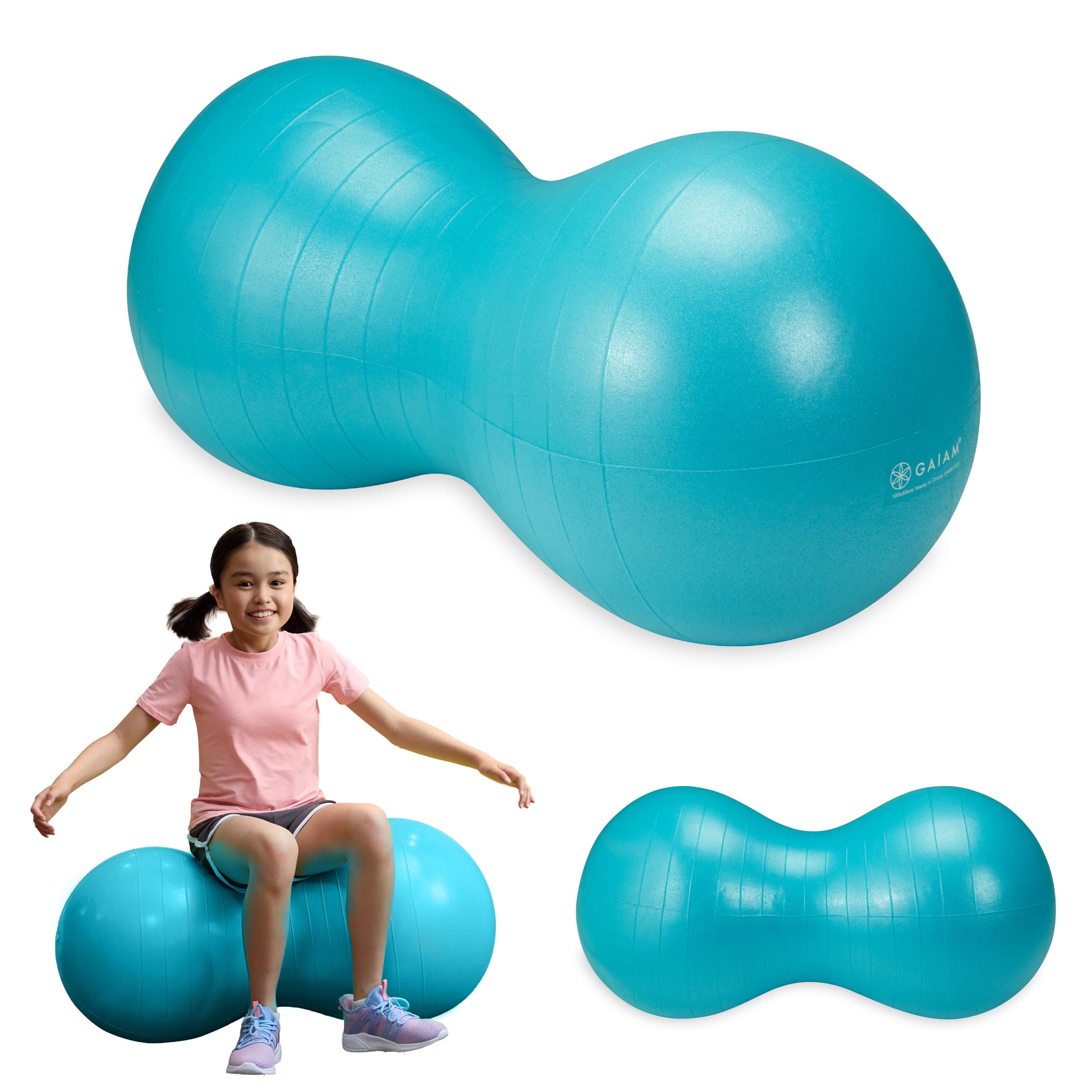 Gaiam Peanut Ball vista frontal azul que muestra estabilidad y soporte