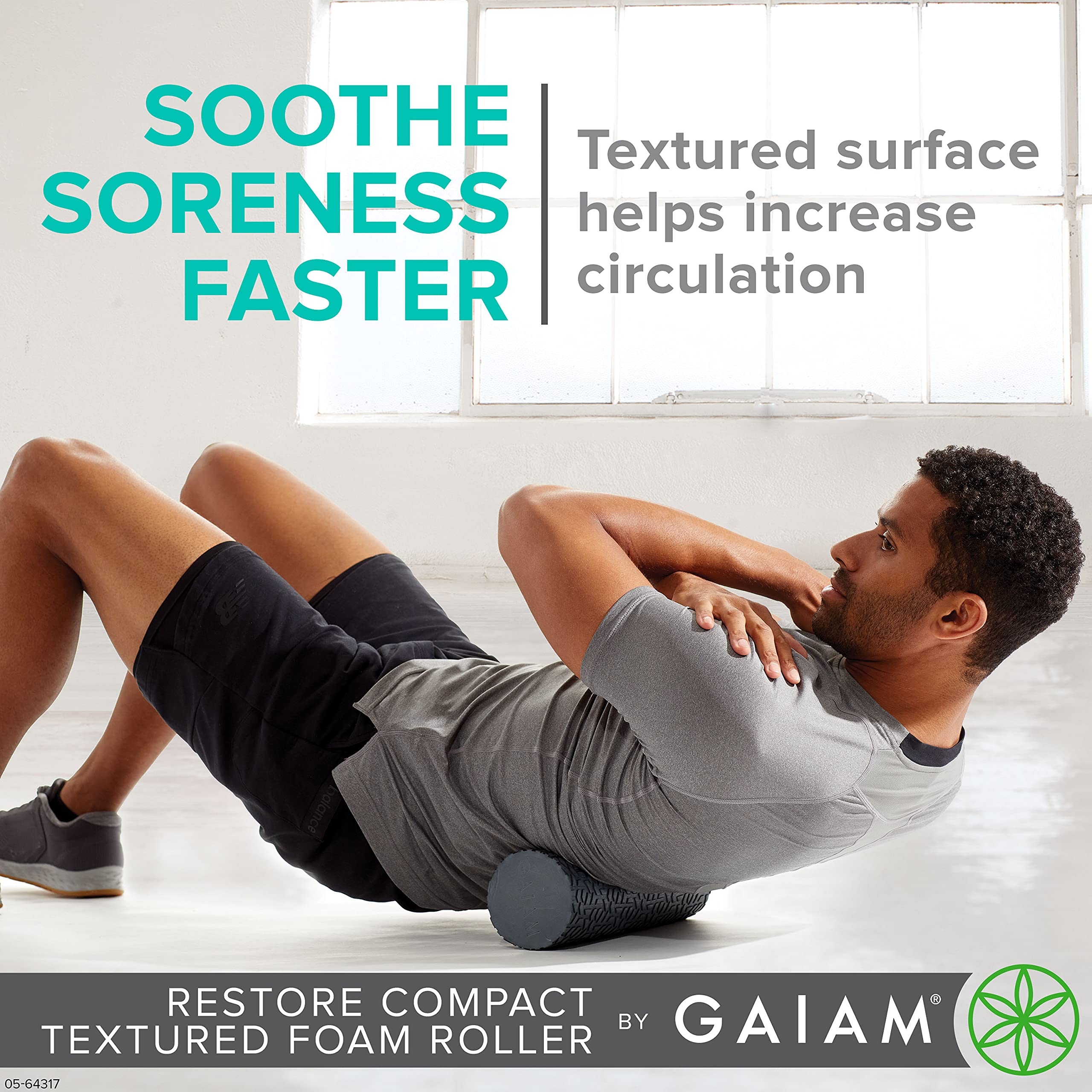 Gaiam Restore etiqueta y material que subraya durabilidad y mantenimiento de forma