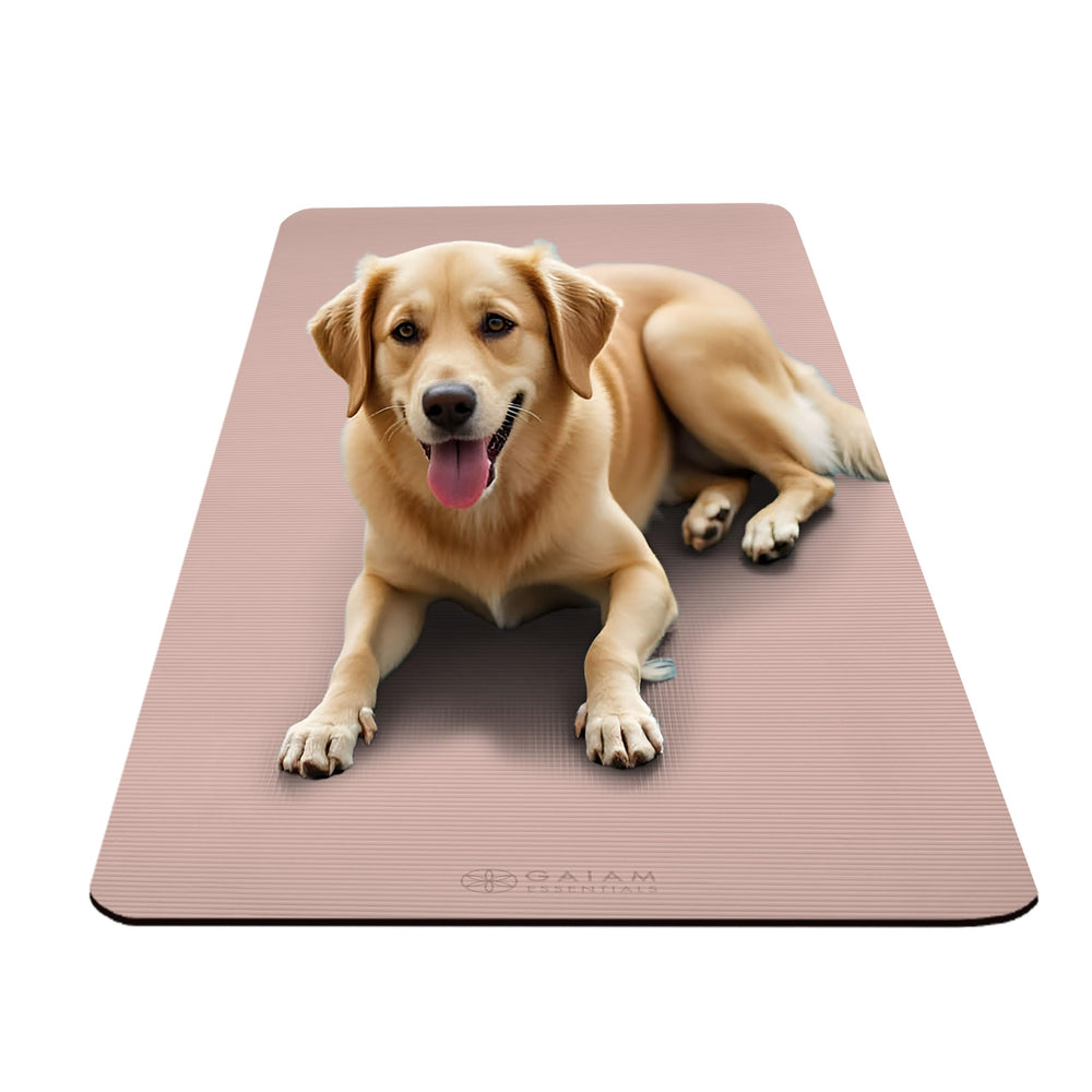 Gaiam mat next to water bottle showing portable size and scale