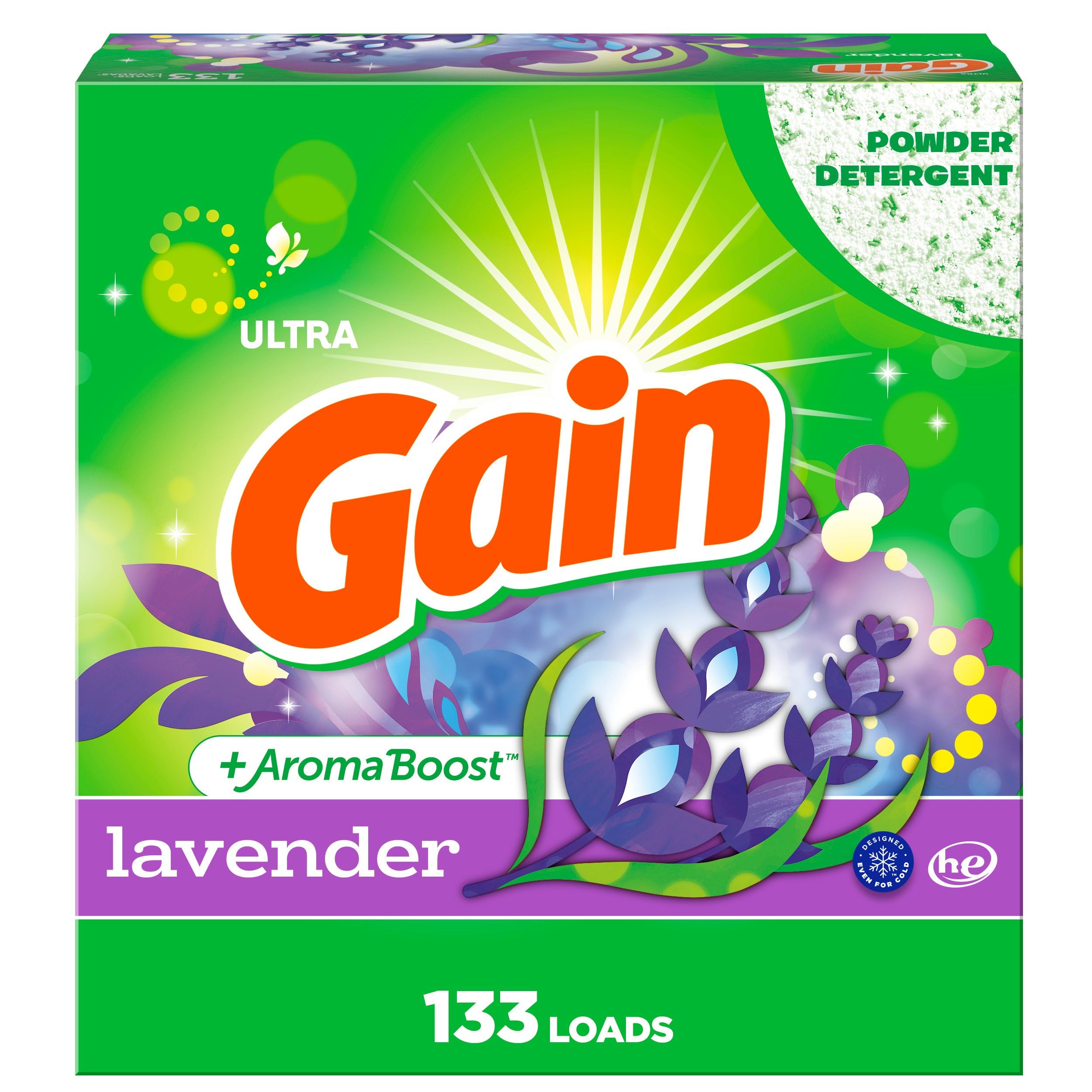 Gain detergente lavanda frente mostrando envase grande y beneficio frescura