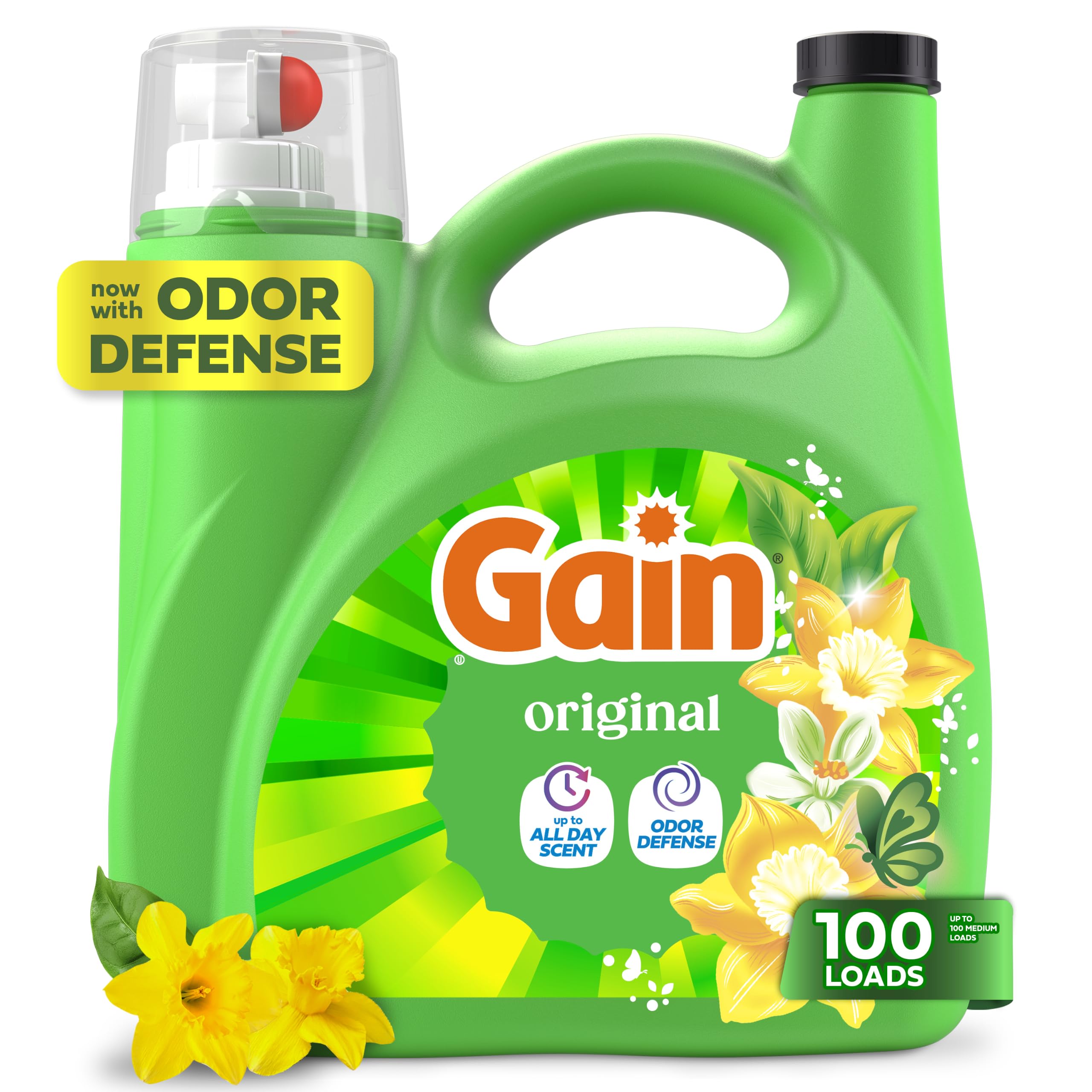Gain envase frontal 132 fl oz mostrando etiqueta y volumen, ofrece más cargas
