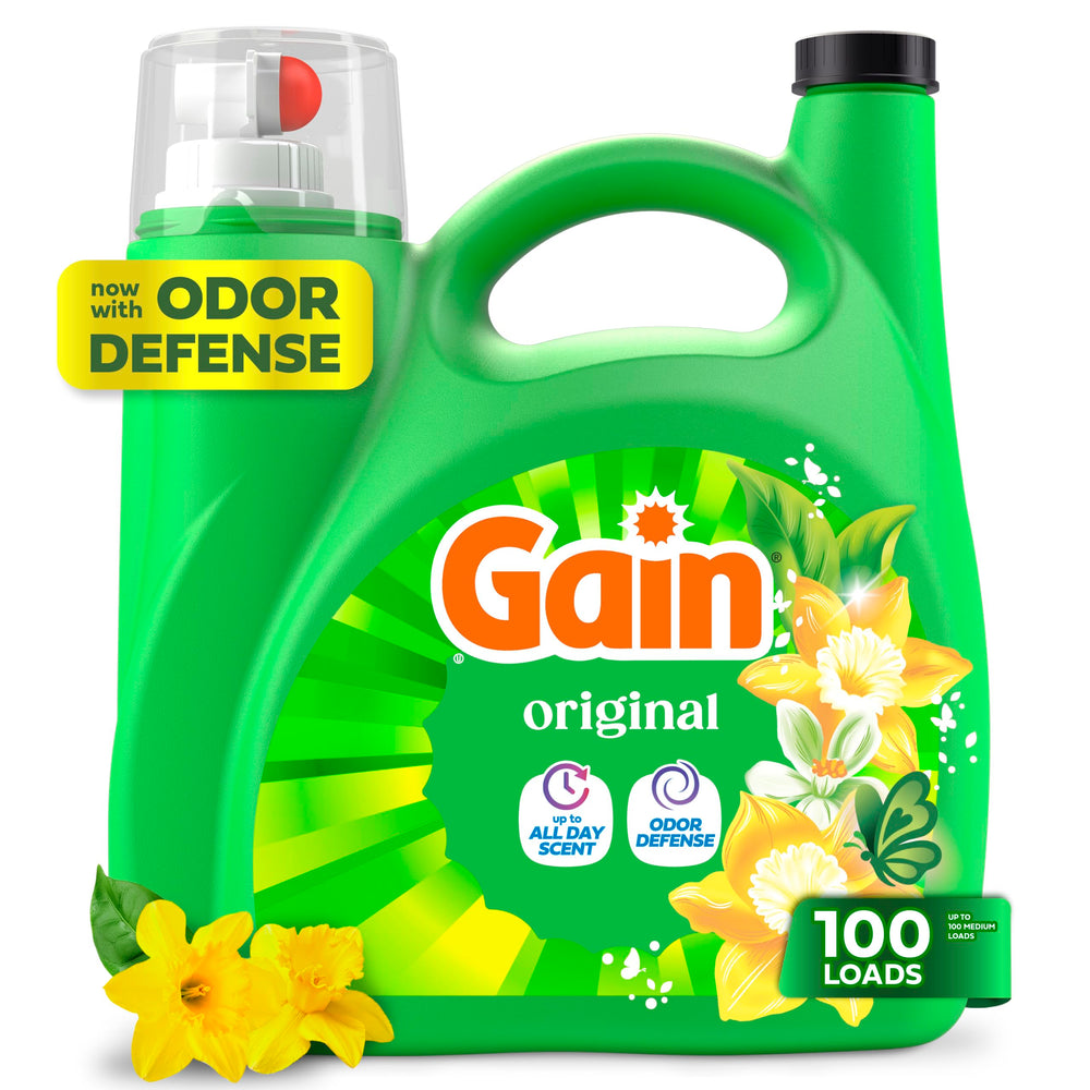 Gain envase frontal 132 fl oz mostrando etiqueta y volumen, ofrece más cargas