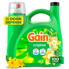 Gain envase frontal 132 fl oz mostrando etiqueta y volumen, ofrece más cargas