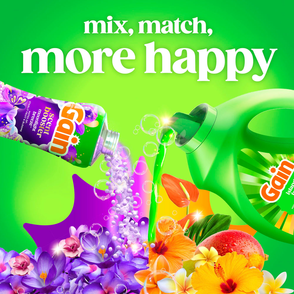 Gain etiqueta con notas de fragancia y características Odor Defense visibles