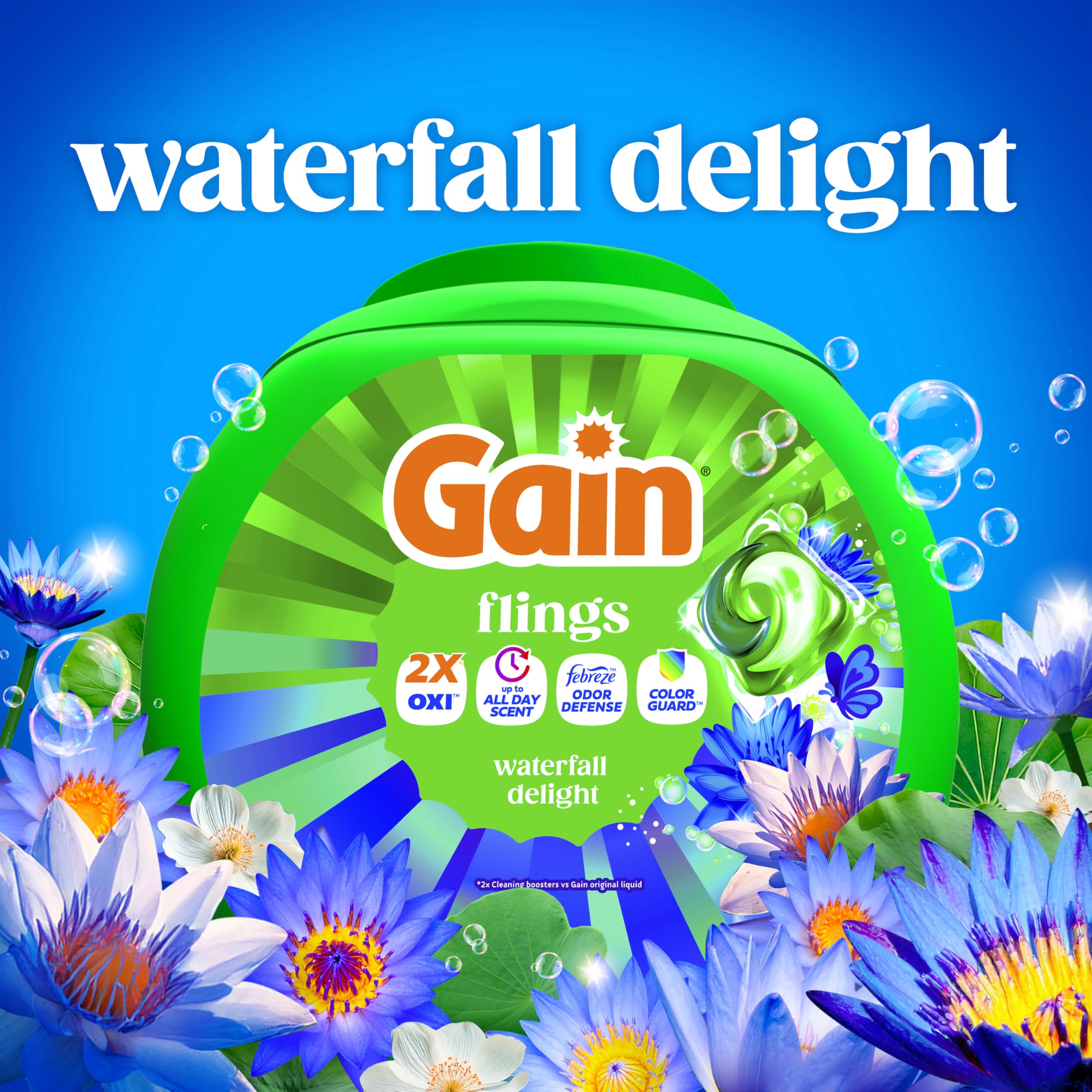 Gain Flings etiqueta con información visible sobre Febreze Odor Defense
