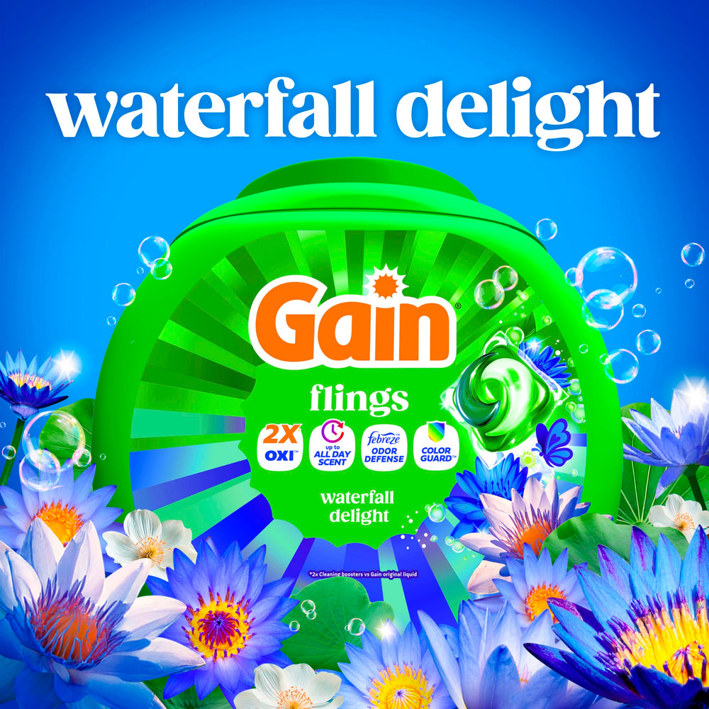 Gain Flings etiqueta con información visible sobre Febreze Odor Defense