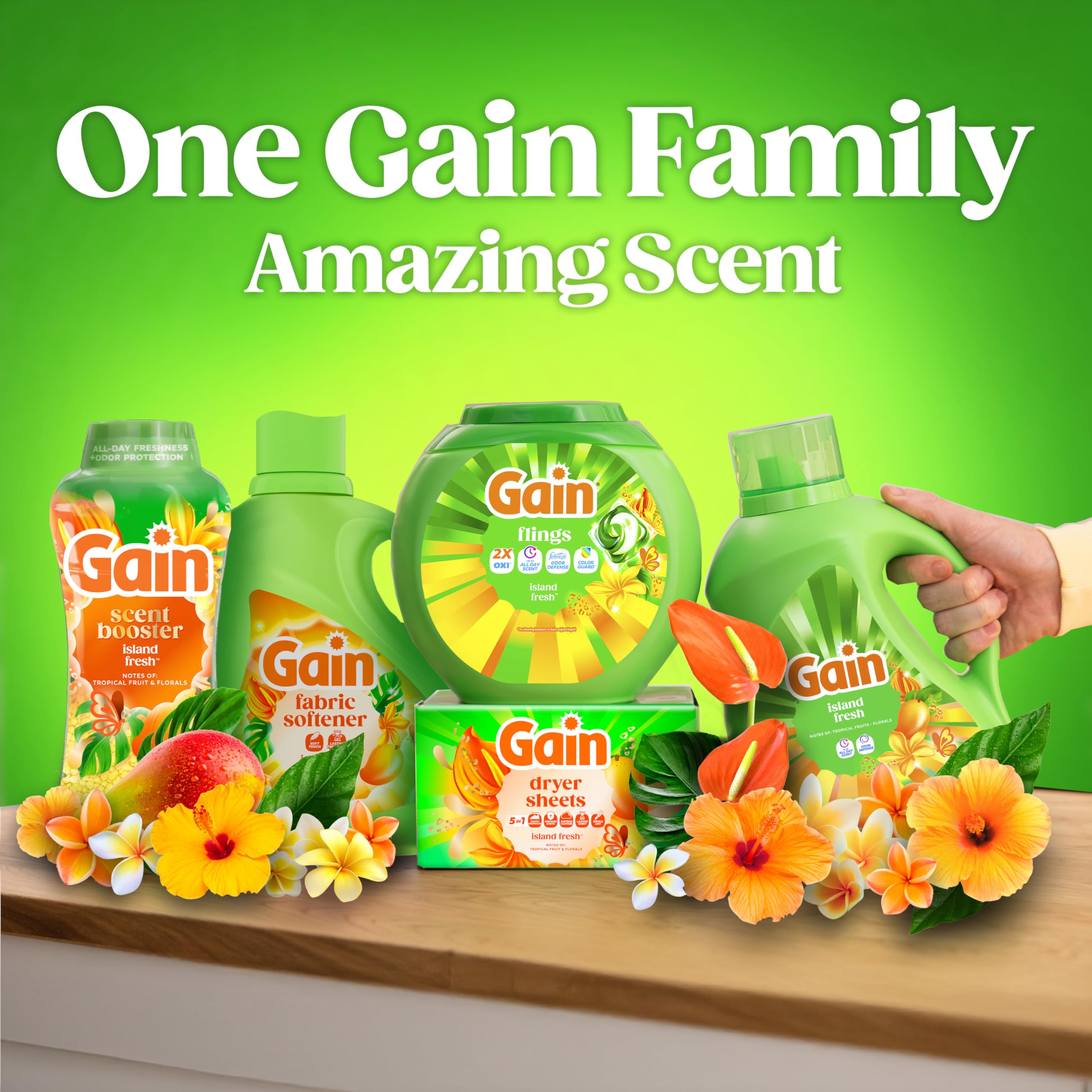 Escena doméstica con cesto de ropa perfumada tras lavado con Gain Flings