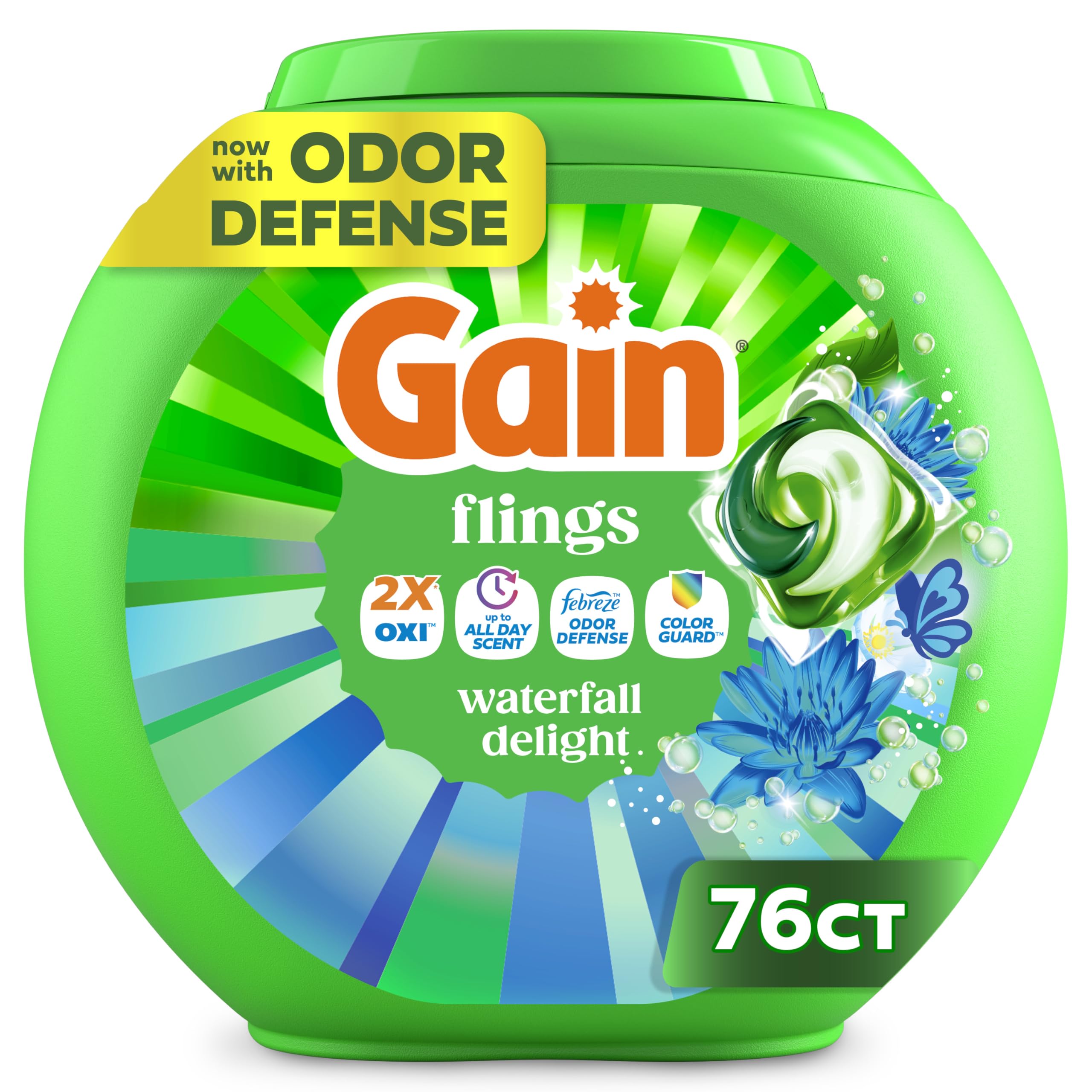 Gain Flings frente del empaque mostrando producto y beneficio de frescura
