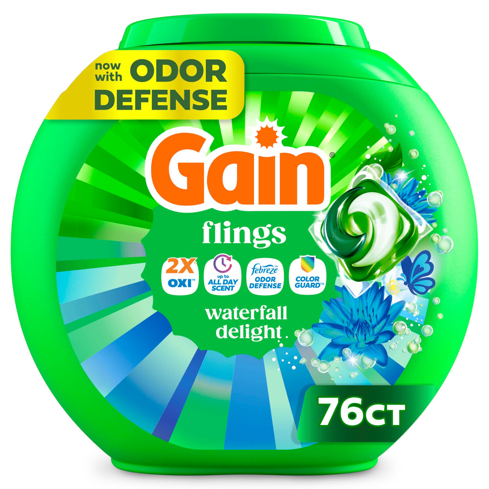 Gain Flings frente del empaque mostrando producto y beneficio de frescura