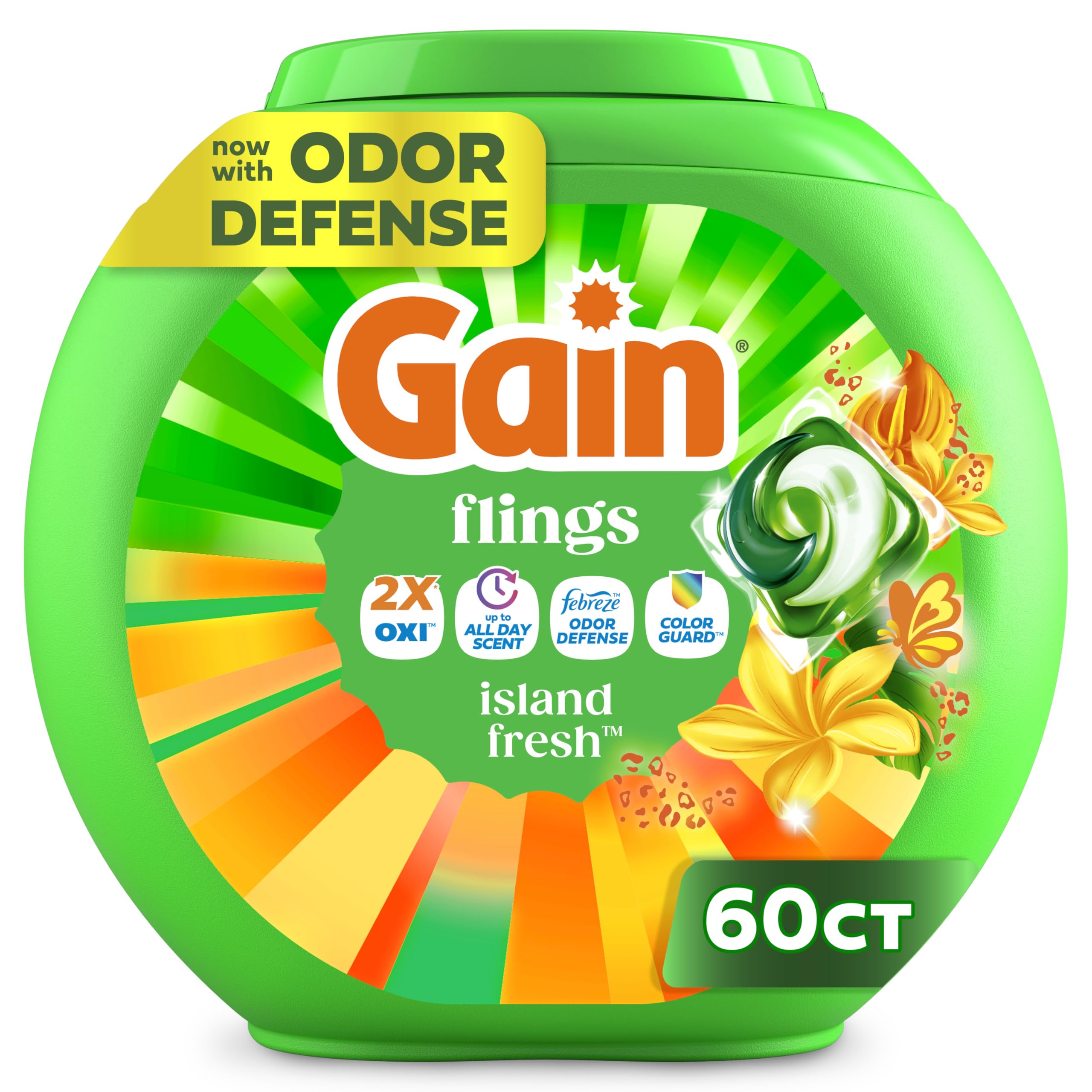 Gain envase frontal de 60 pacs mostrando diseño y conveniencia